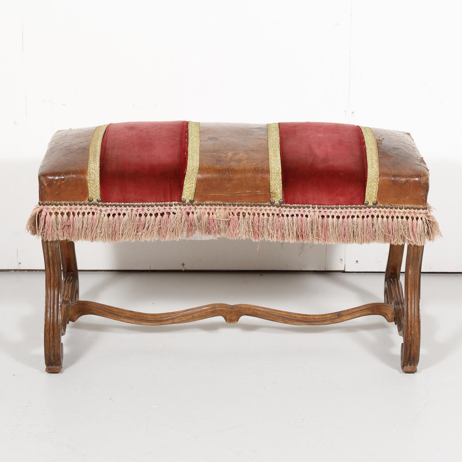 19th Century Spanish Backless Leather and Velvet Louis XIV Style Bench For Sale 1