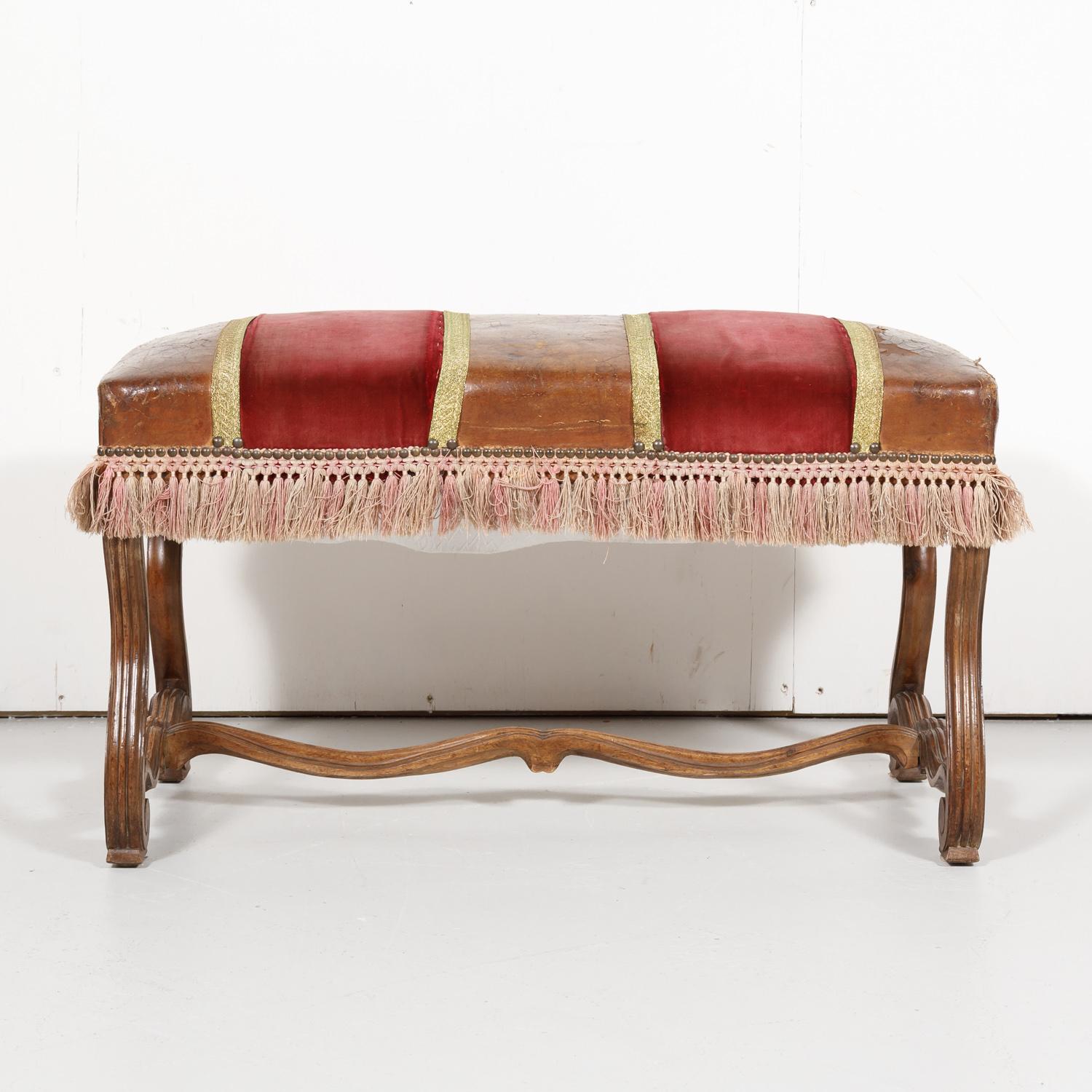 19th Century Spanish Backless Leather and Velvet Louis XIV Style Bench For Sale 2