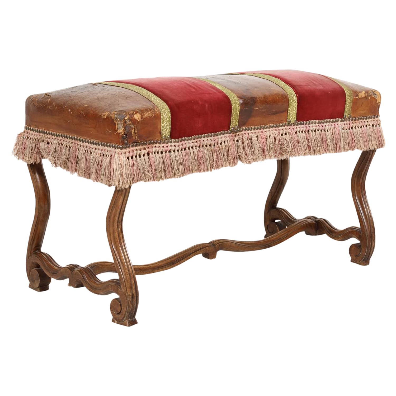 19th Century Spanish Backless Leather and Velvet Louis XIV Style Bench For Sale