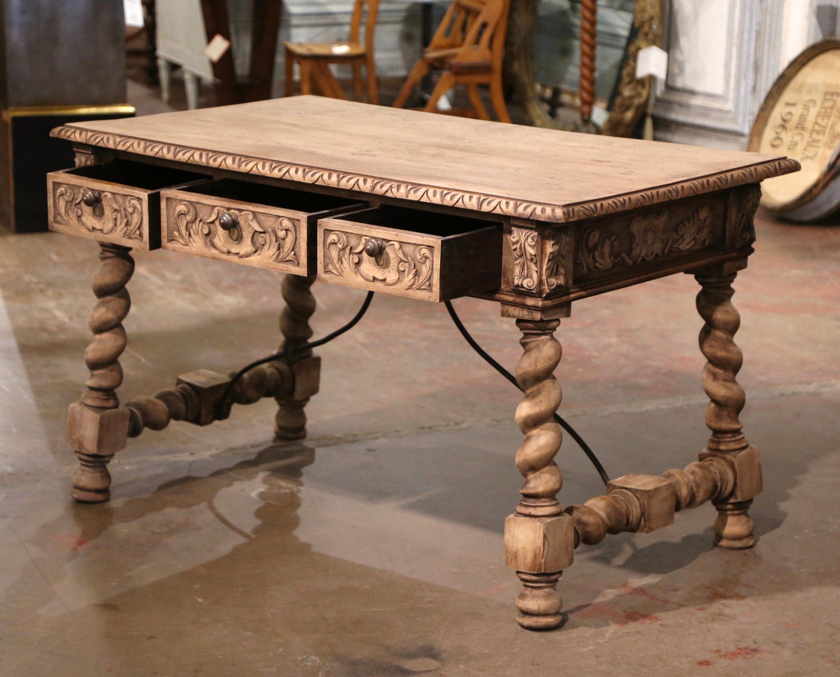 19th Century Spanish Baroque Carved Bleached Walnut and Iron Writing Table Desk For Sale 4