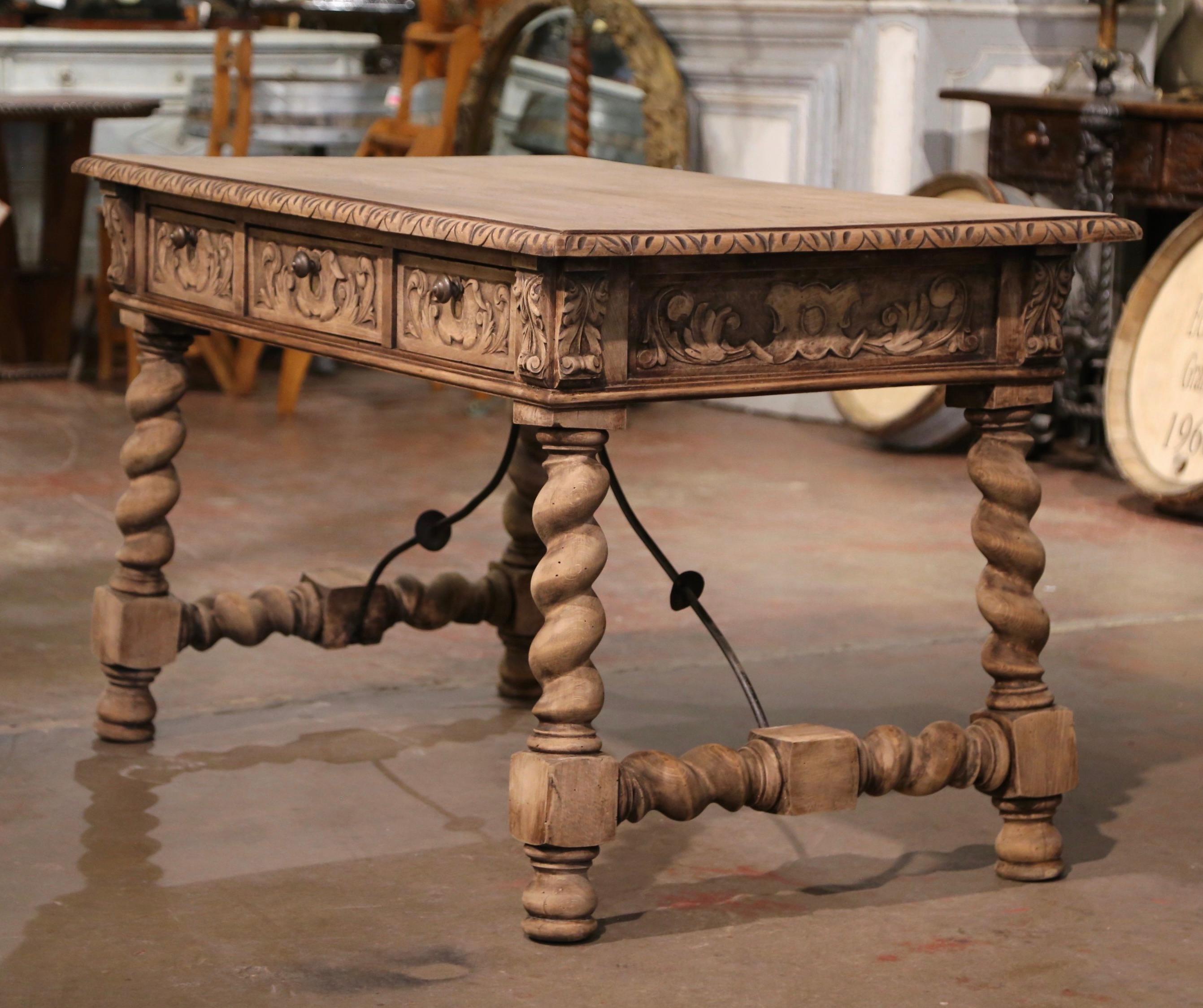 19th Century Spanish Baroque Carved Bleached Walnut and Iron Writing Table Desk For Sale 7