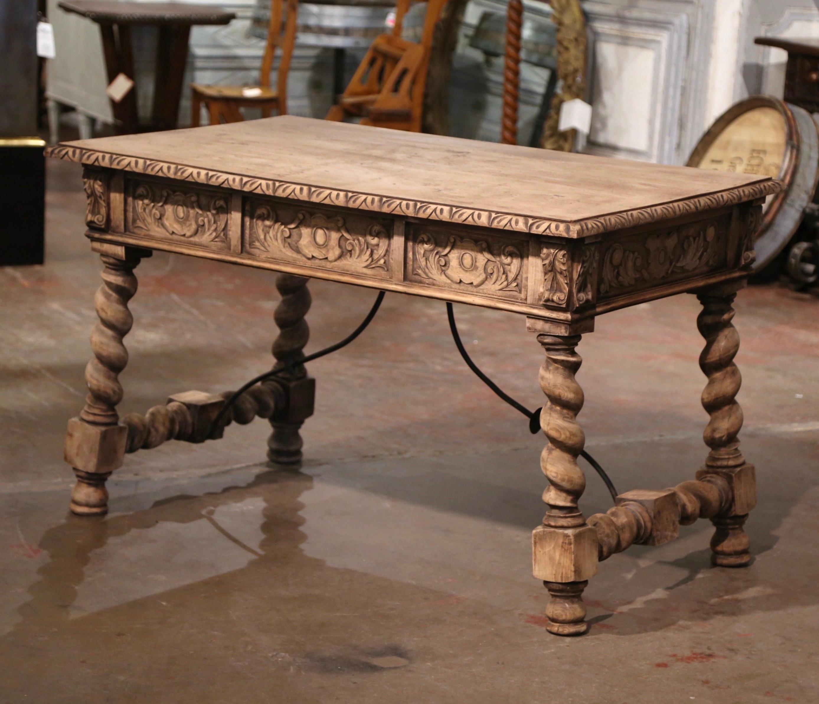 19th Century Spanish Baroque Carved Bleached Walnut and Iron Writing Table Desk For Sale 8