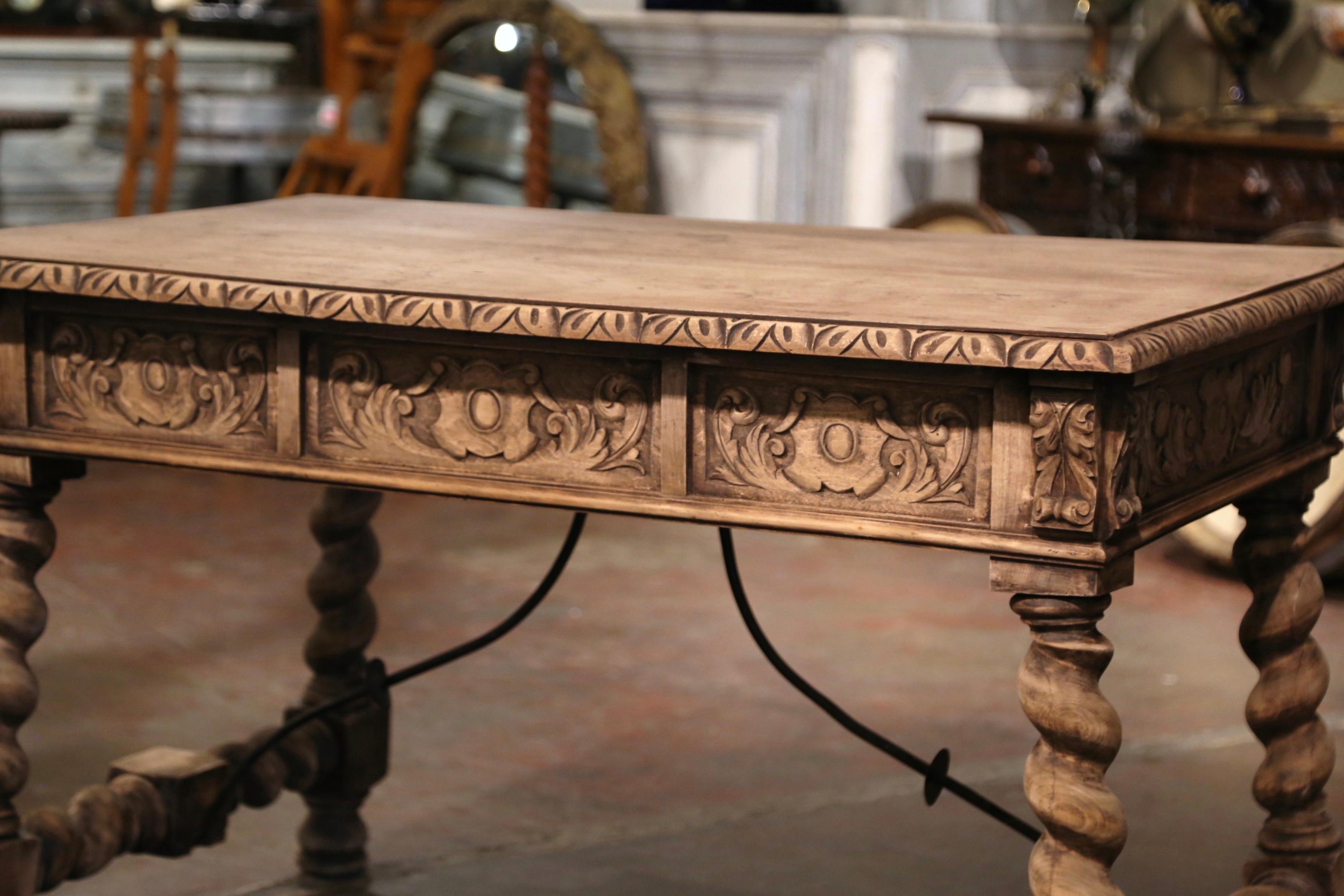 19th Century Spanish Baroque Carved Bleached Walnut and Iron Writing Table Desk For Sale 9
