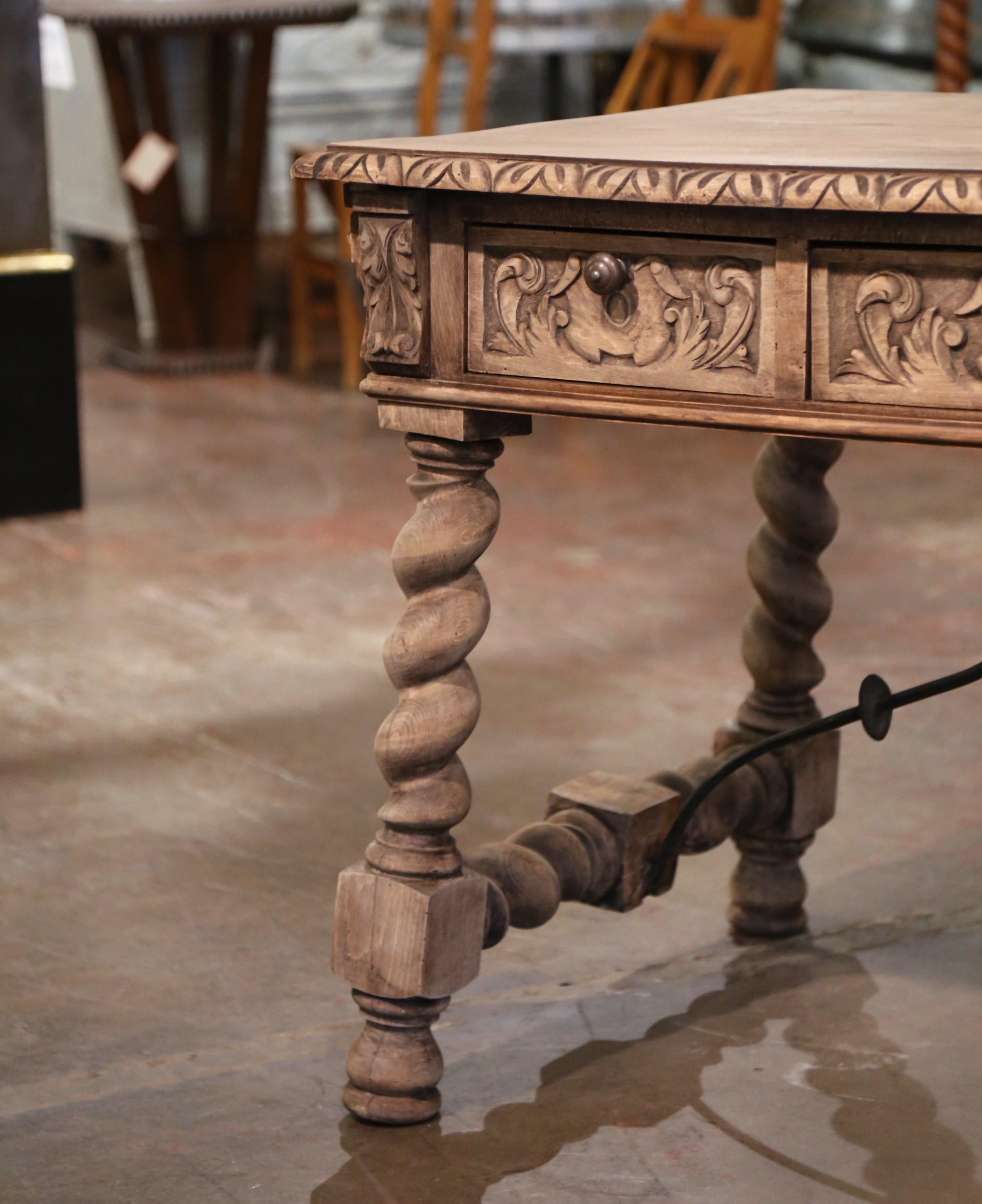 Hand-Carved 19th Century Spanish Baroque Carved Bleached Walnut and Iron Writing Table Desk For Sale