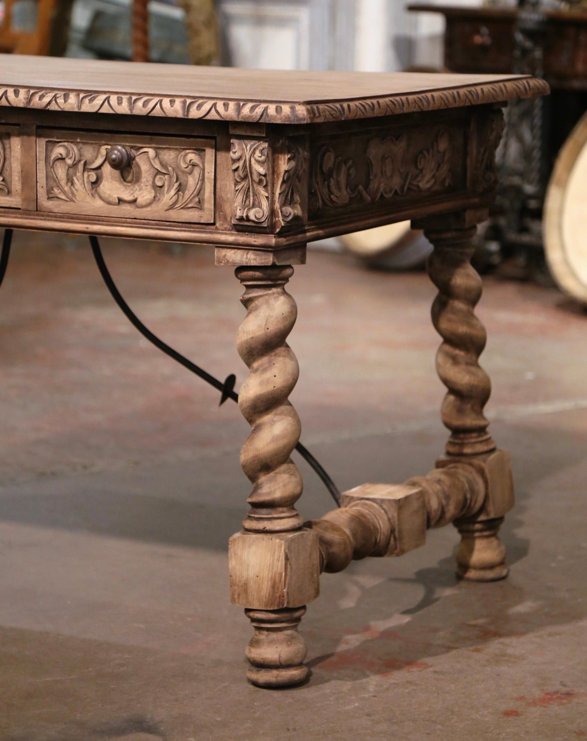 19th Century Spanish Baroque Carved Bleached Walnut and Iron Writing Table Desk In Excellent Condition For Sale In Dallas, TX
