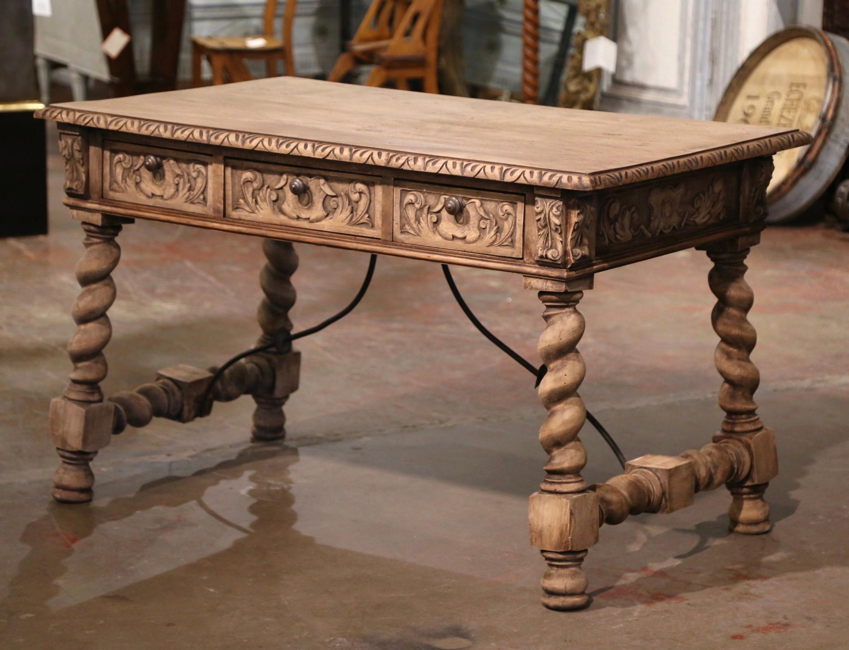 Wrought Iron 19th Century Spanish Baroque Carved Bleached Walnut and Iron Writing Table Desk For Sale