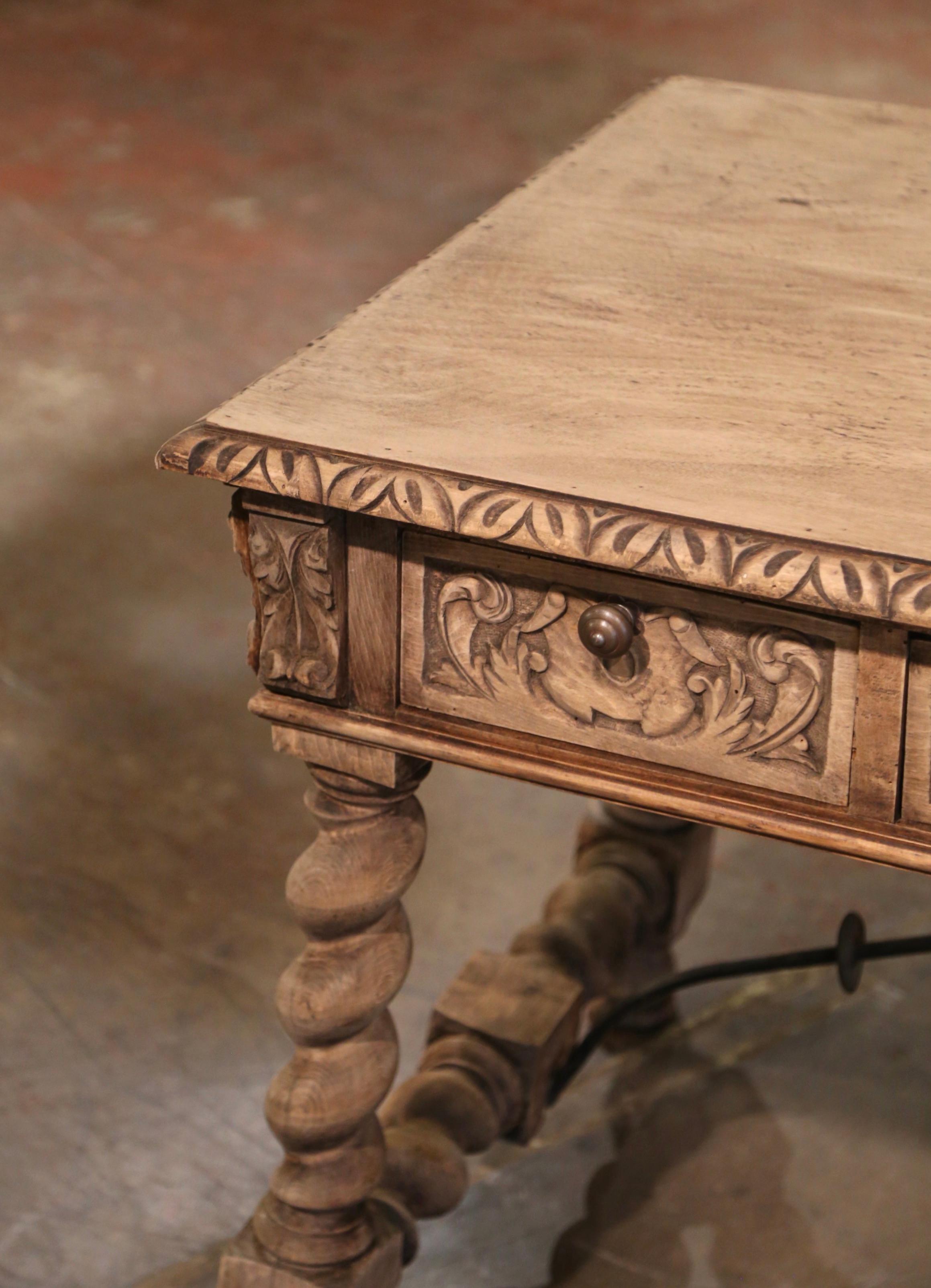 19th Century Spanish Baroque Carved Bleached Walnut and Iron Writing Table Desk For Sale 2