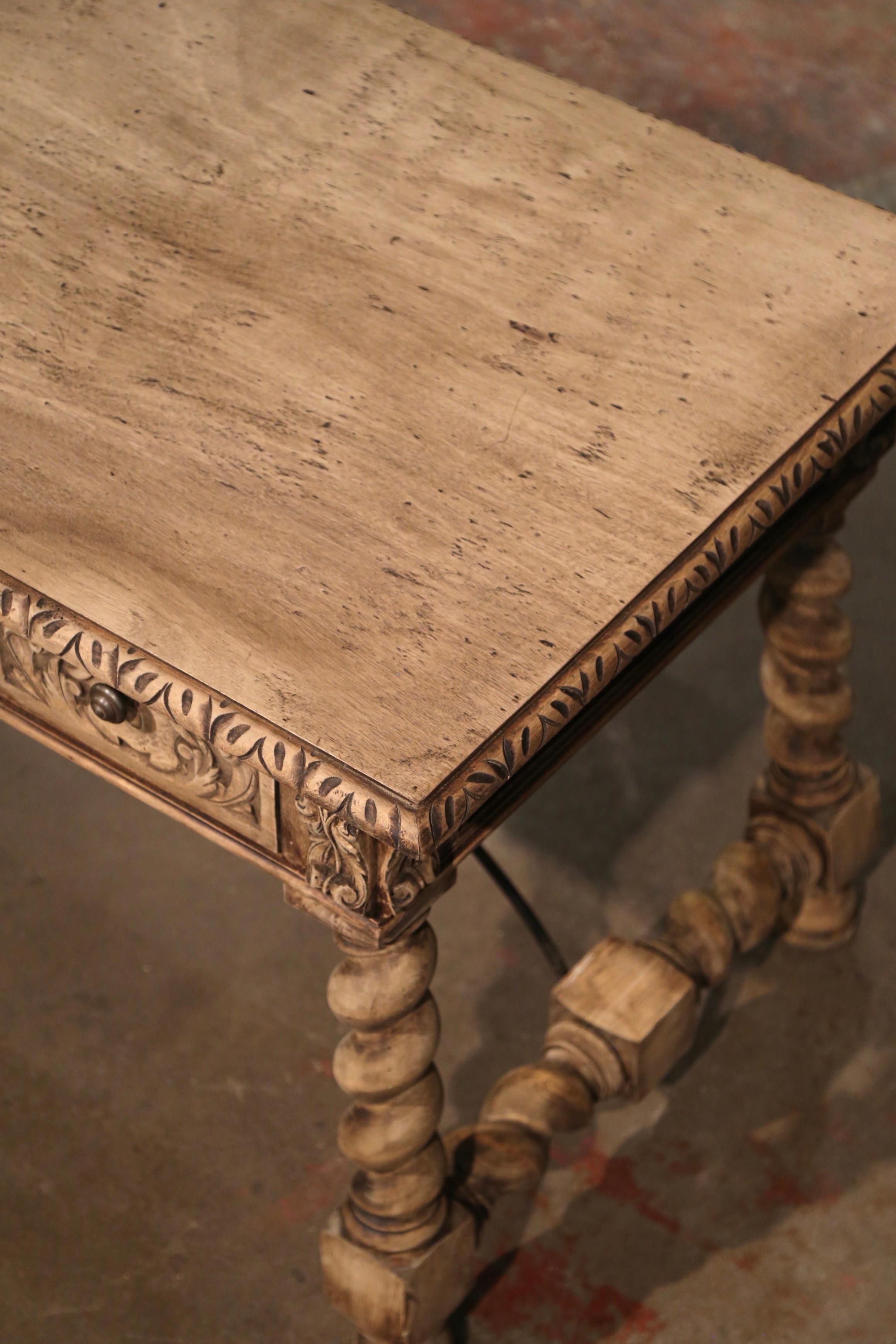19th Century Spanish Baroque Carved Bleached Walnut and Iron Writing Table Desk For Sale 3