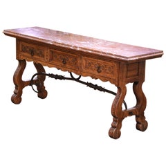 19th Century Spanish Baroque Carved Oak Console with Breccia Marble Top