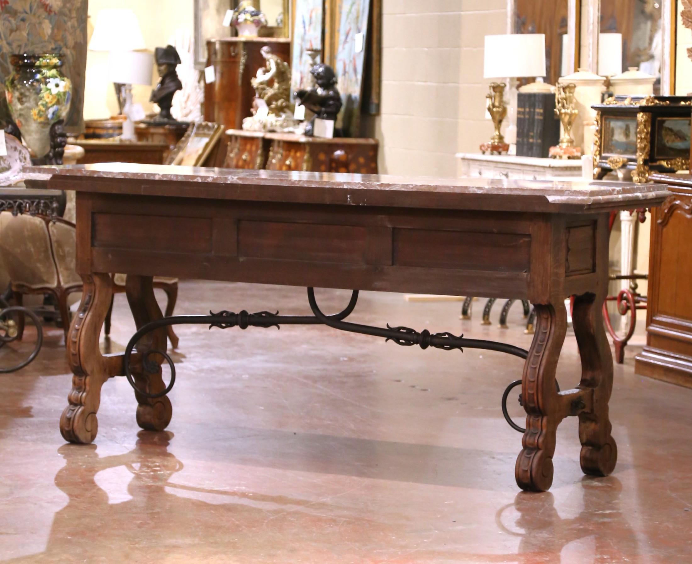 19th Century Spanish Baroque Carved Oak Console with Marble Top and Iron Base For Sale 6