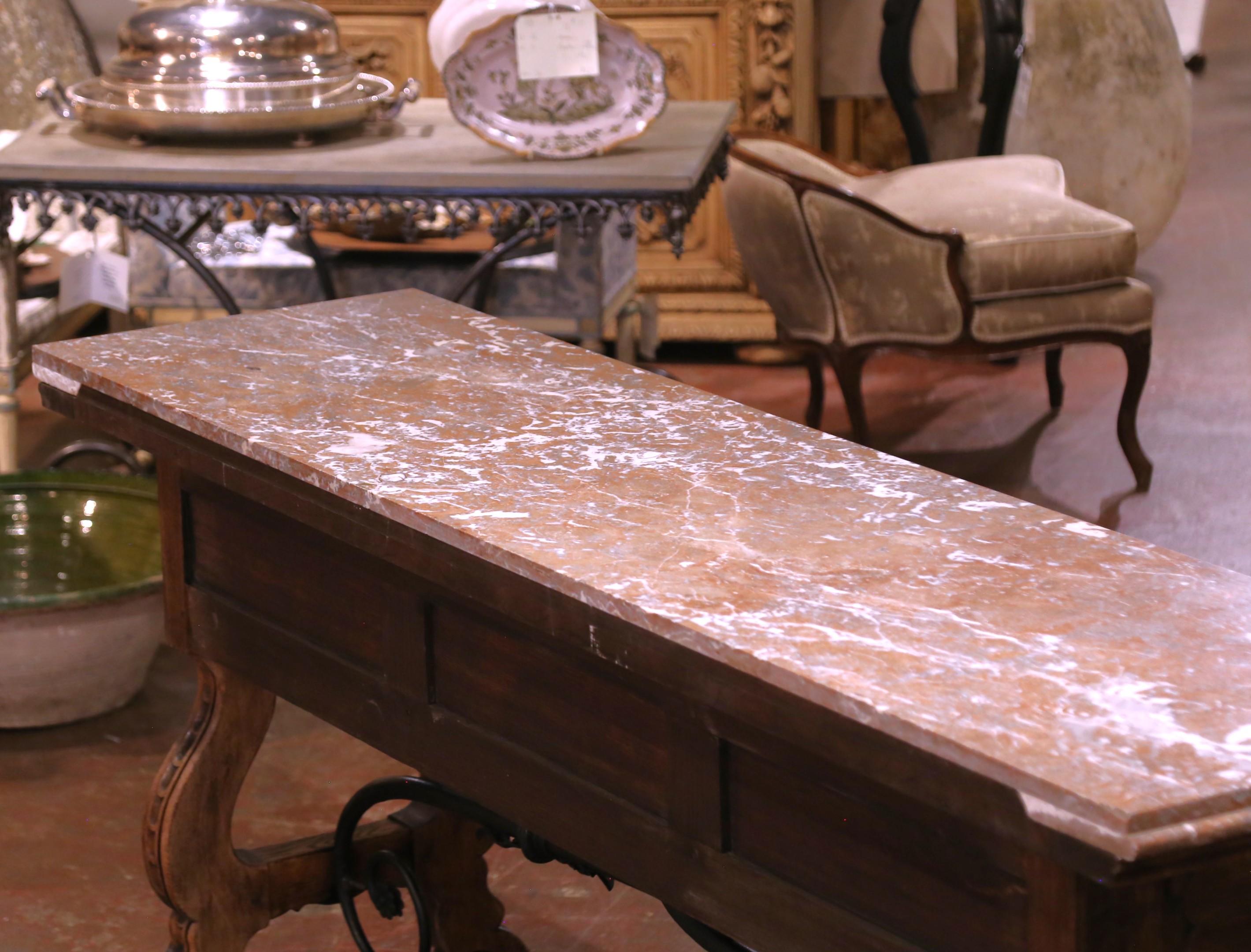 19th Century Spanish Baroque Carved Oak Console with Marble Top and Iron Base For Sale 7
