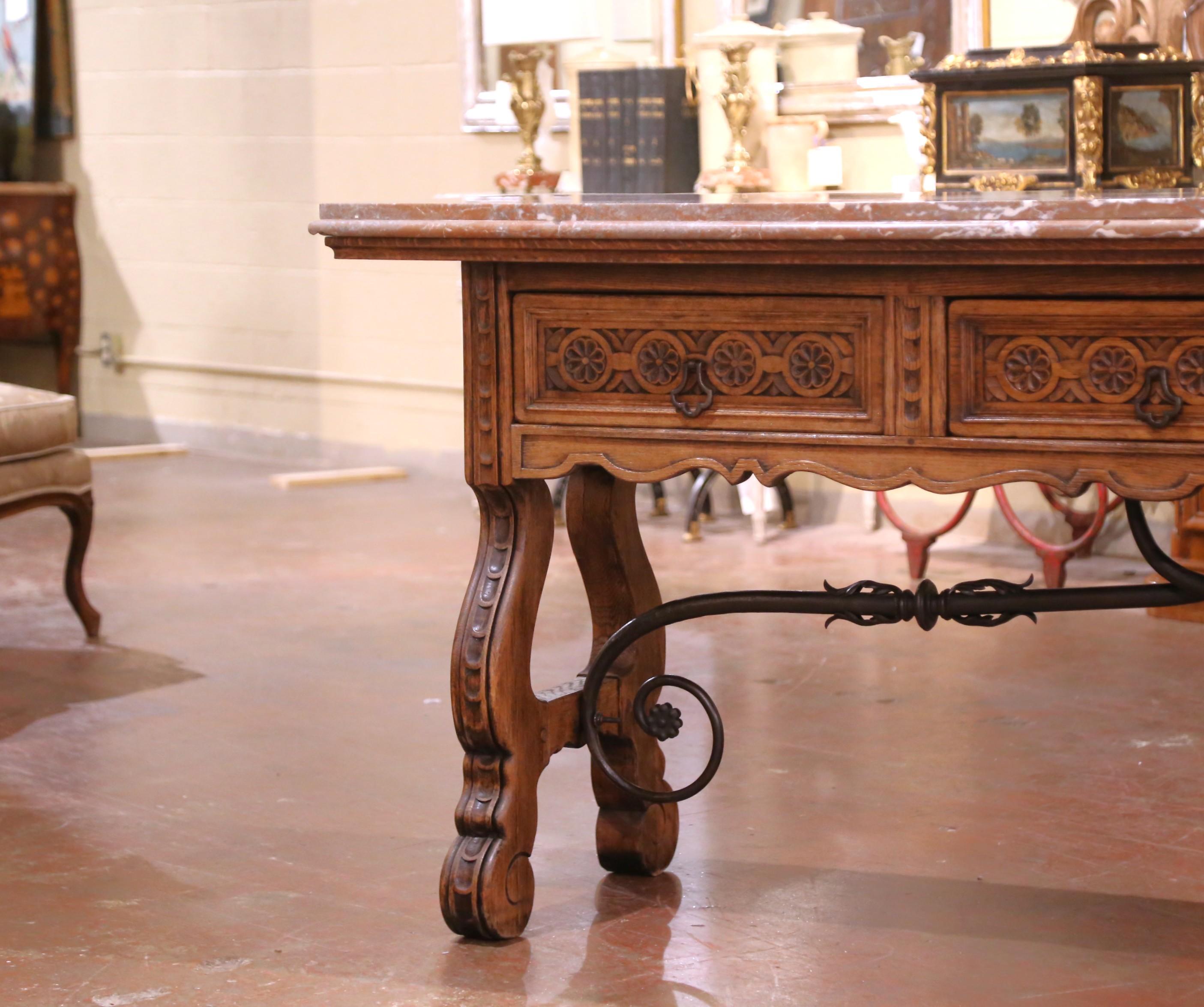 19th Century Spanish Baroque Carved Oak Console with Marble Top and Iron Base In Excellent Condition For Sale In Dallas, TX