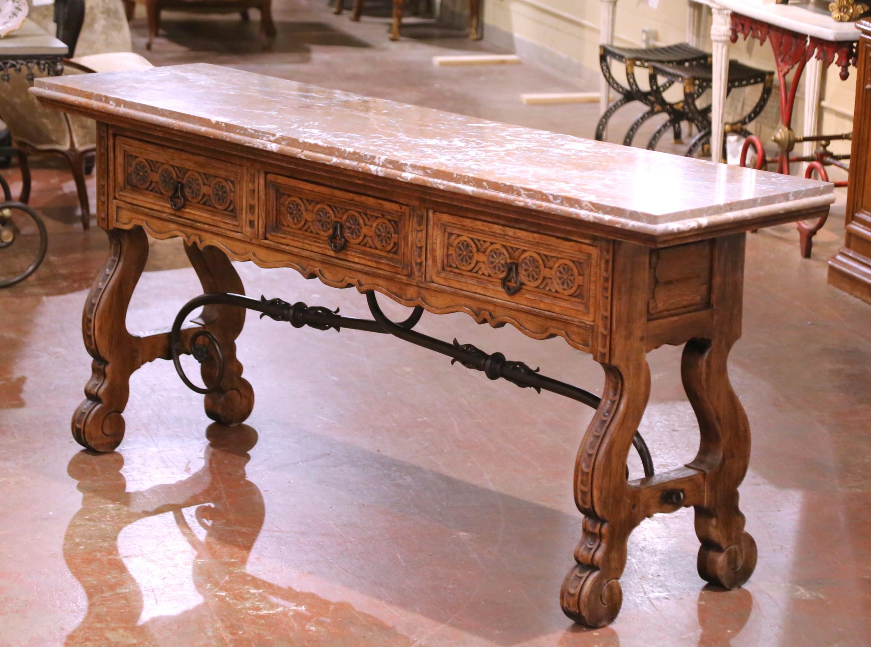 Wrought Iron 19th Century Spanish Baroque Carved Oak Console with Marble Top and Iron Base For Sale