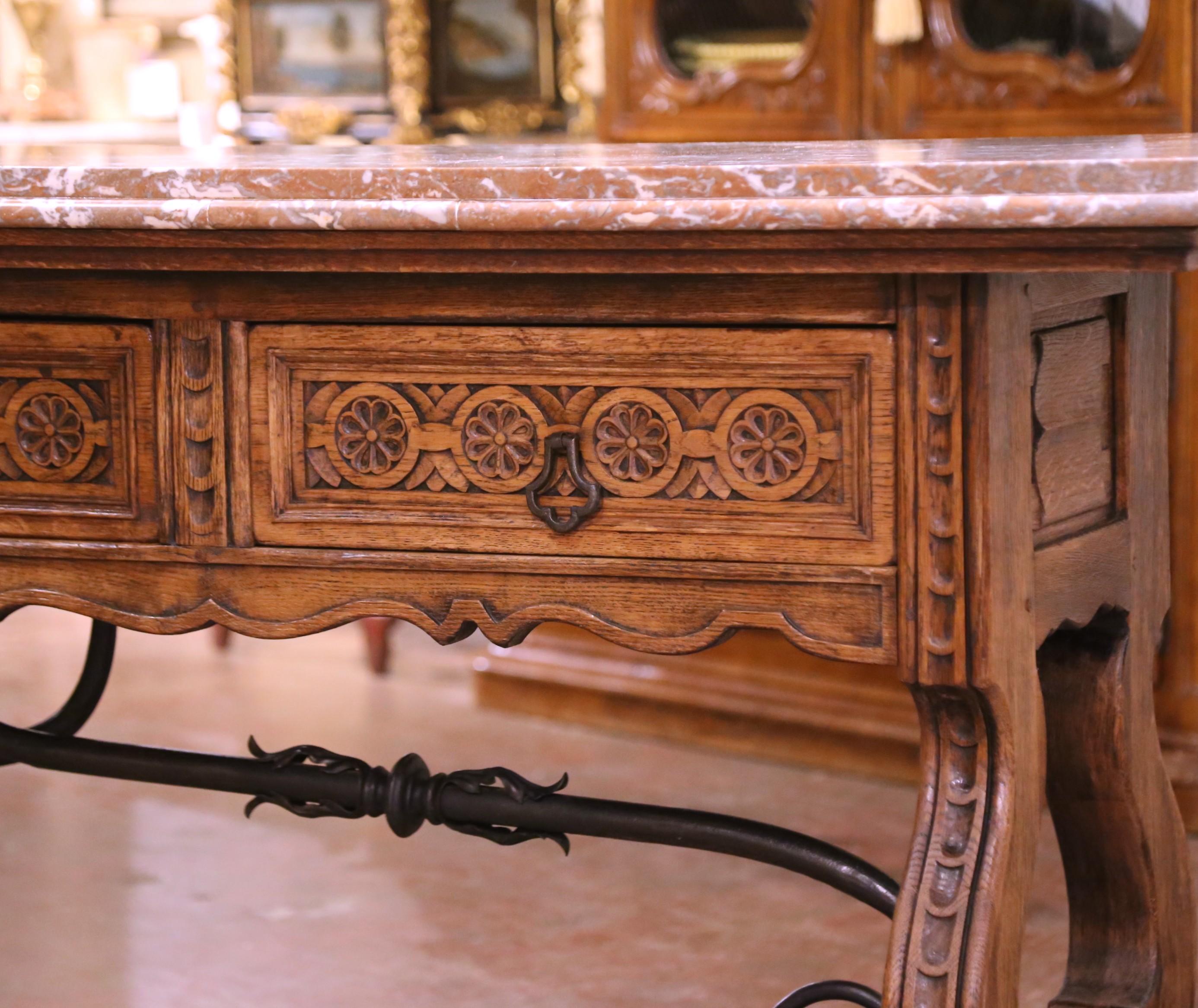 19th Century Spanish Baroque Carved Oak Console with Marble Top and Iron Base For Sale 1