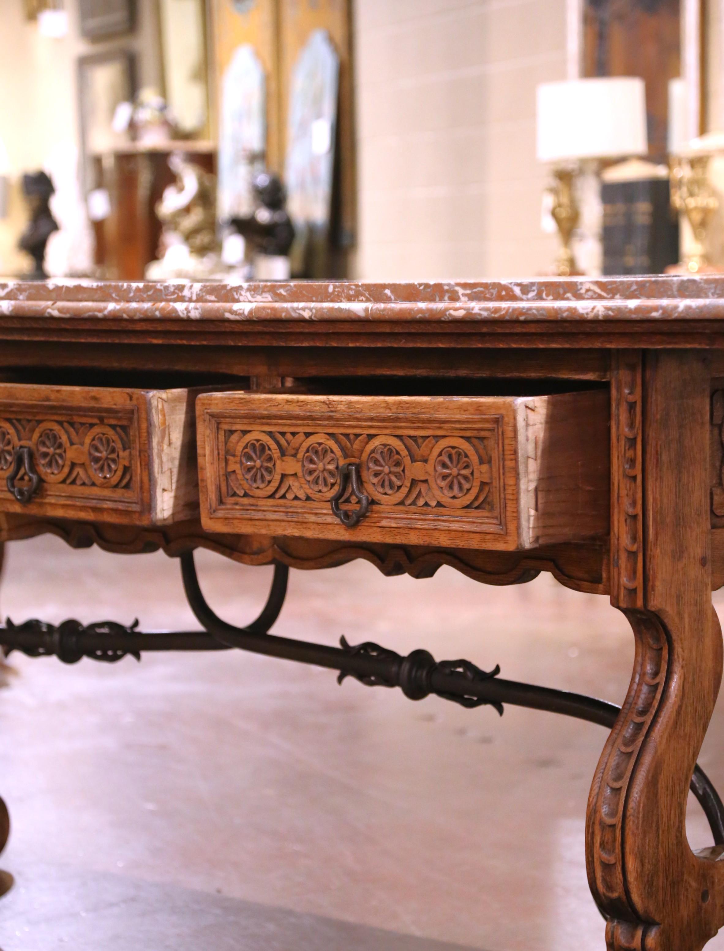 19th Century Spanish Baroque Carved Oak Console with Marble Top and Iron Base For Sale 2
