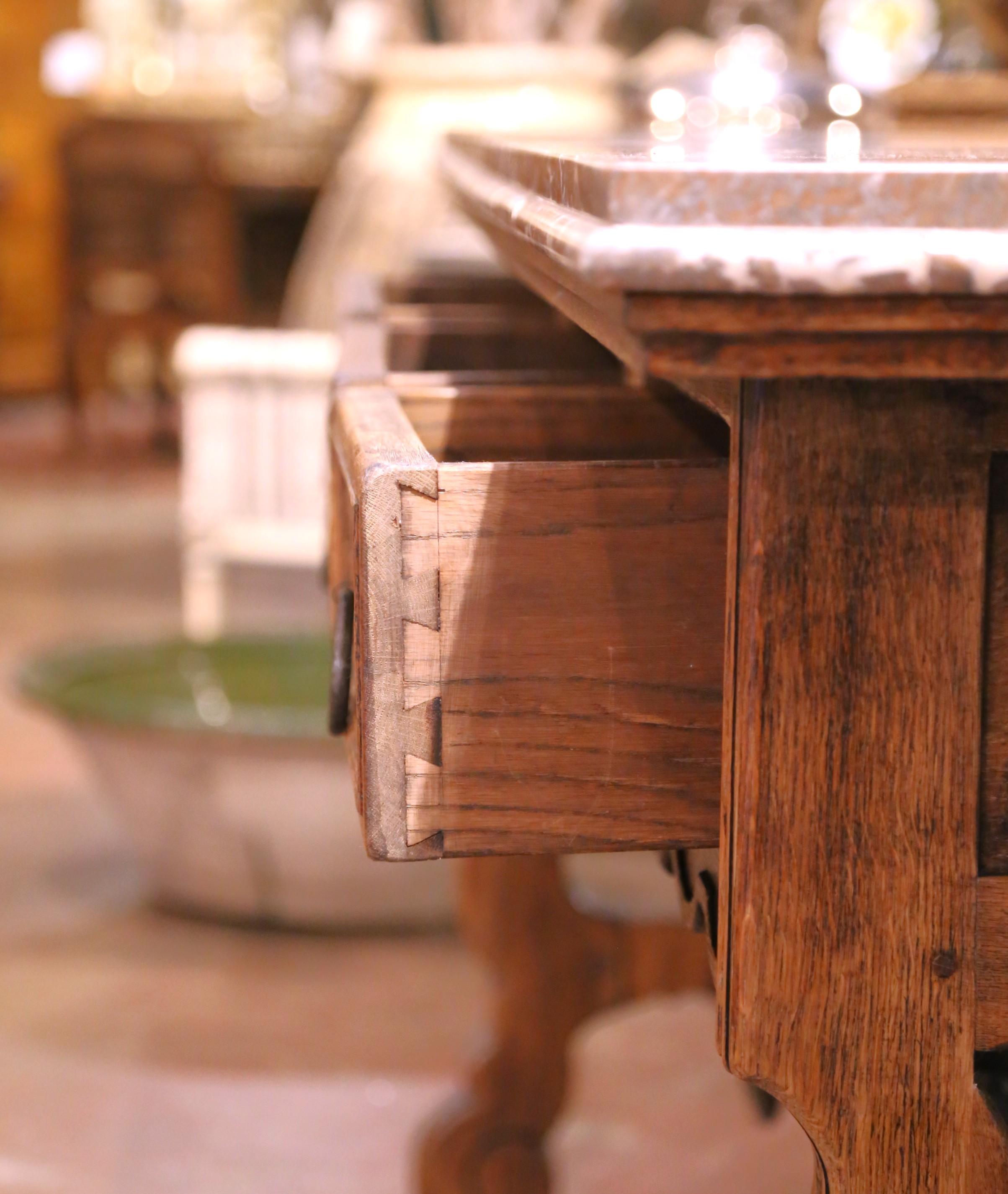 19th Century Spanish Baroque Carved Oak Console with Marble Top and Iron Base For Sale 3