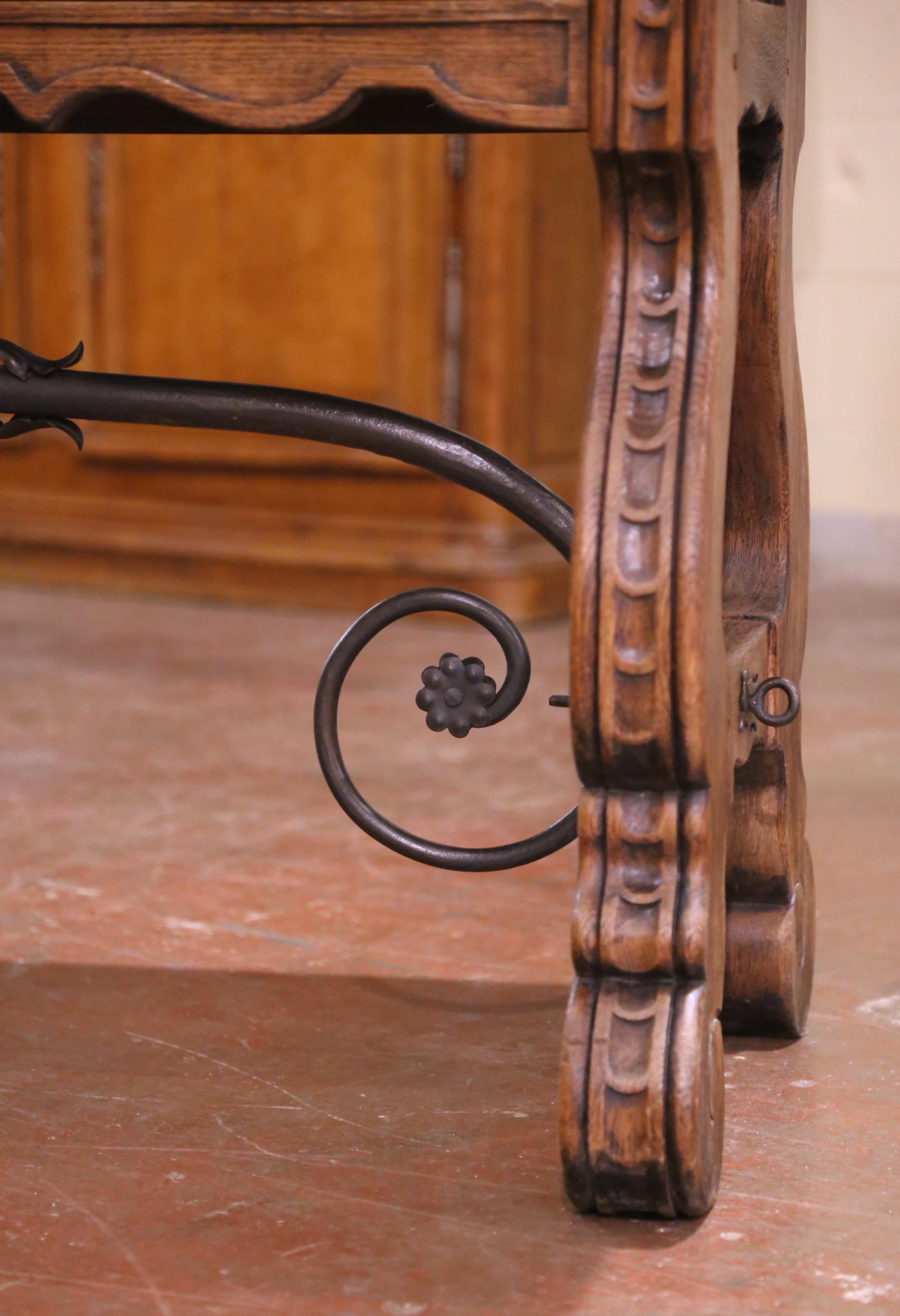 19th Century Spanish Baroque Carved Oak Console with Marble Top and Iron Base For Sale 4