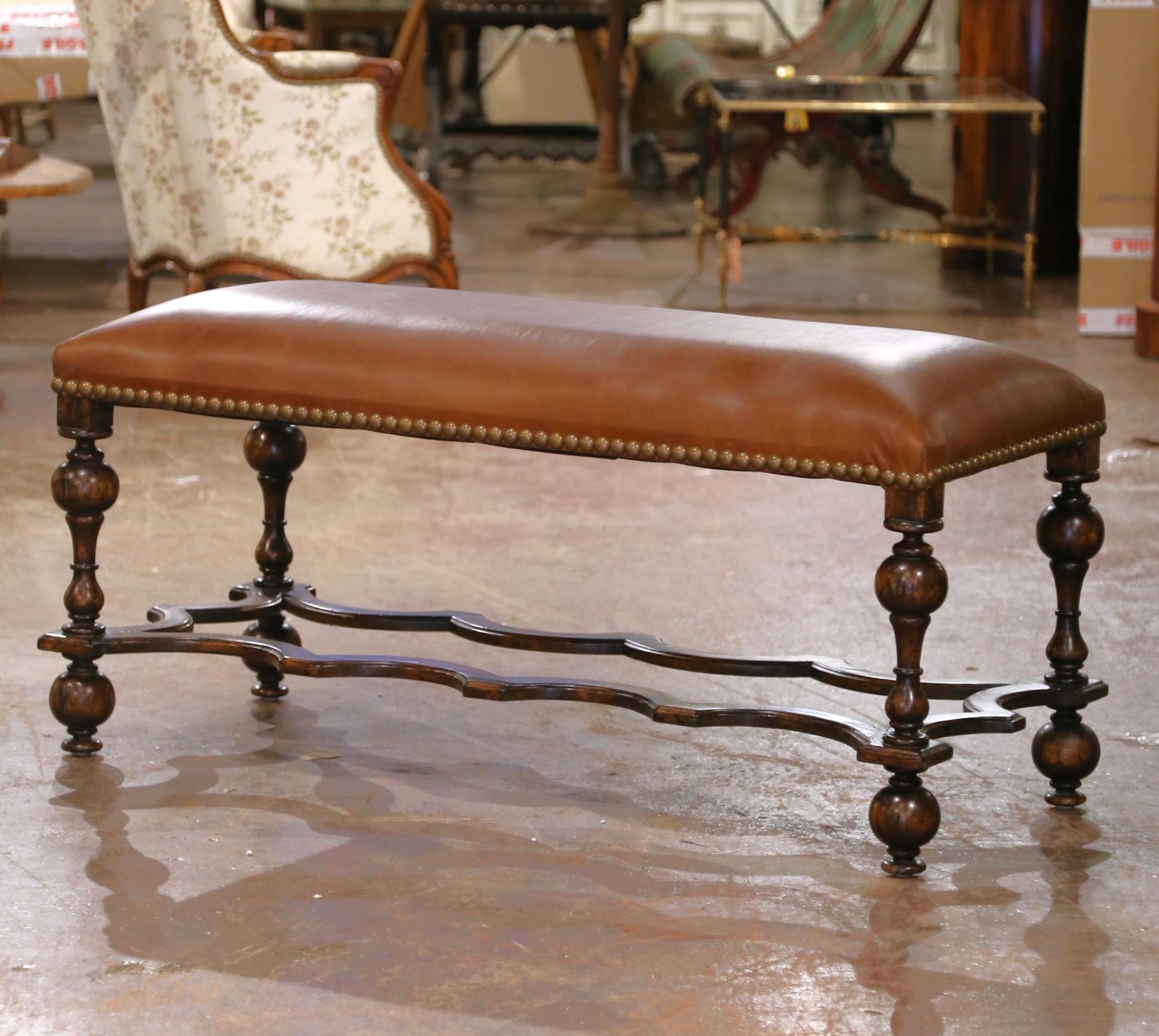 Hand-Carved 19th Century Spanish Baroque Carved Walnut Bench with New Leather Upholstery For Sale