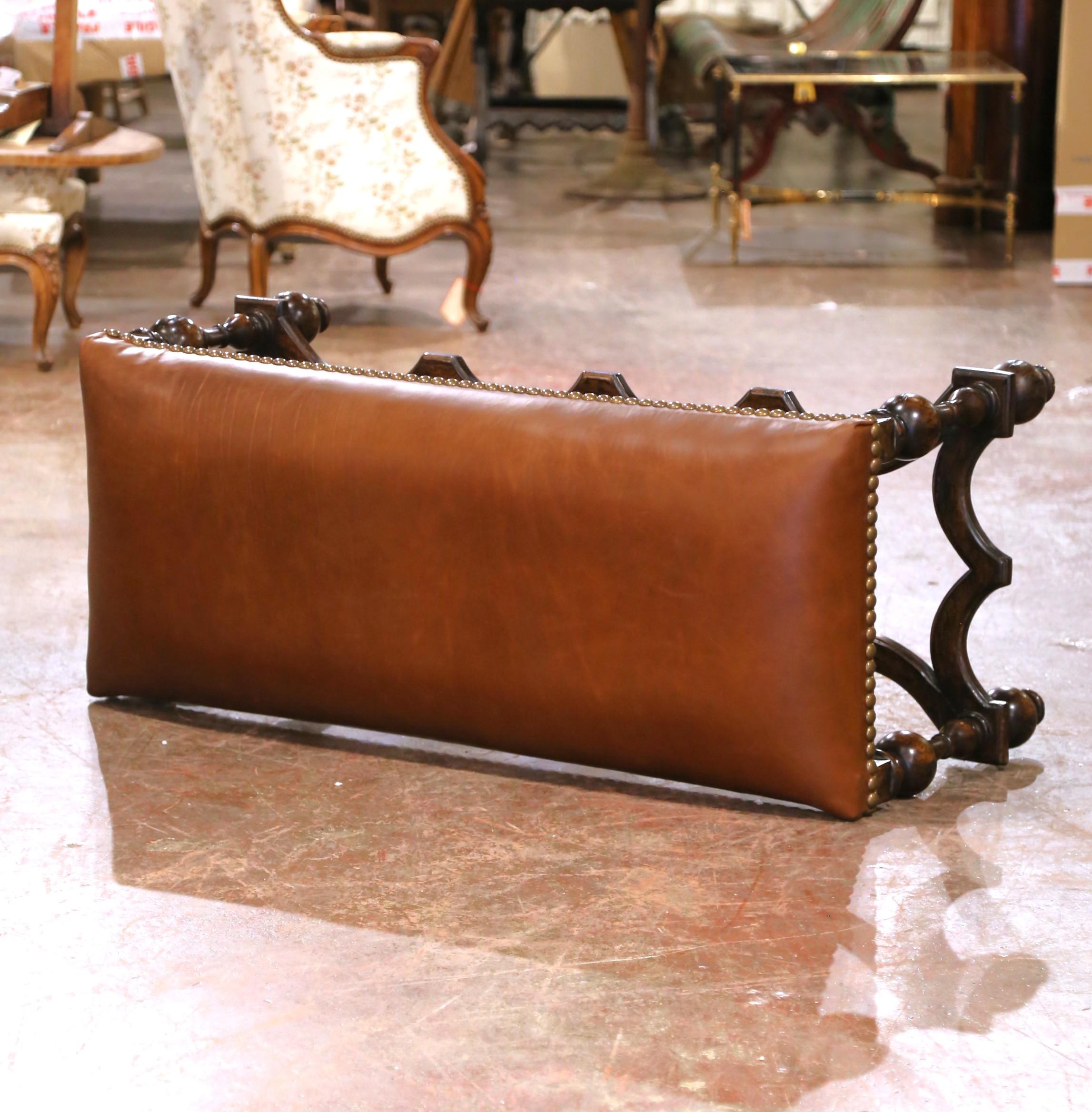 19th Century Spanish Baroque Carved Walnut Bench with New Leather Upholstery For Sale 2