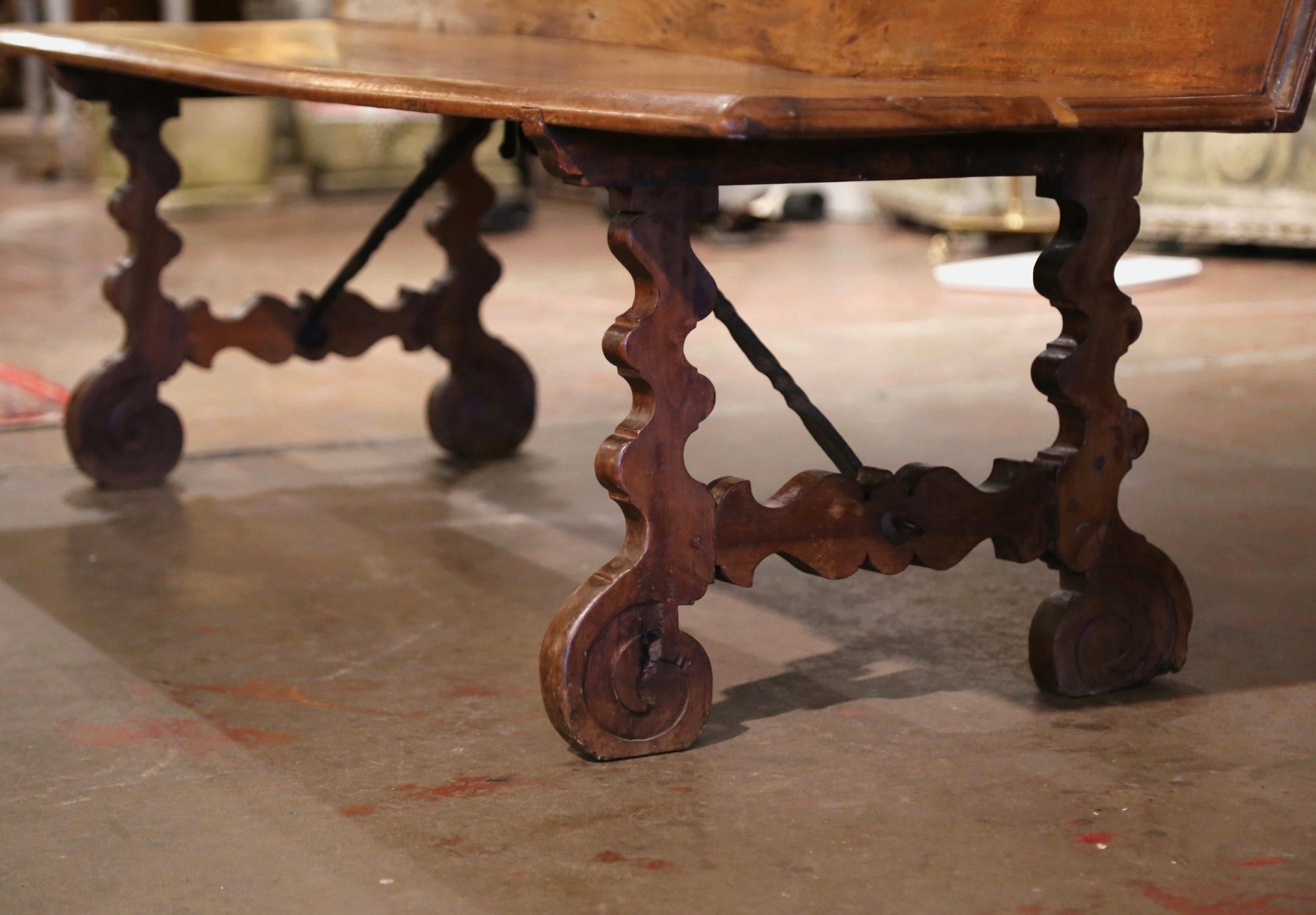 19th Century Spanish Baroque Carved Walnut Bench with Wrought Iron Stretcher 6