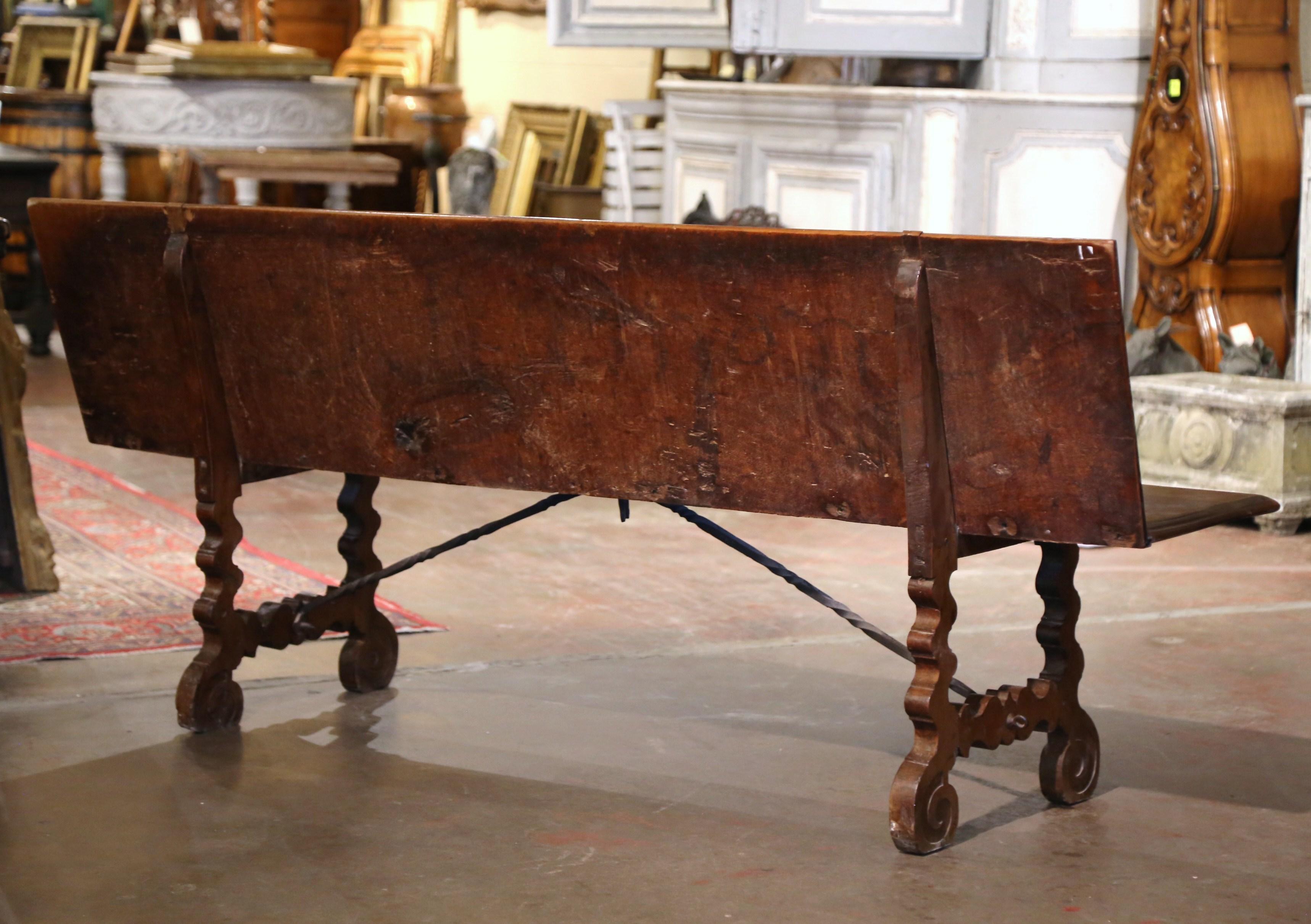 19th Century Spanish Baroque Carved Walnut Bench with Wrought Iron Stretcher 7