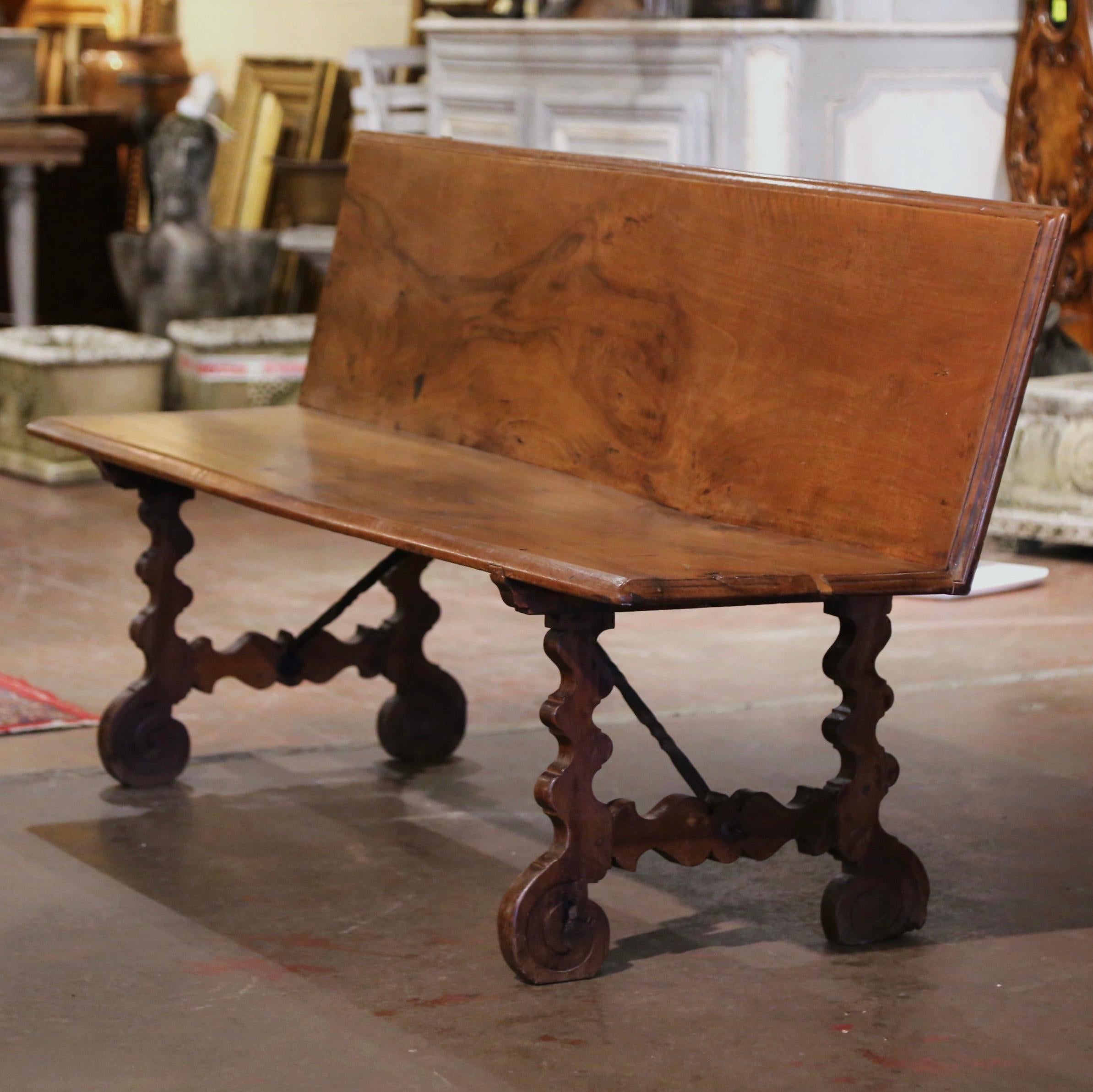19th Century Spanish Baroque Carved Walnut Bench with Wrought Iron Stretcher In Excellent Condition In Dallas, TX