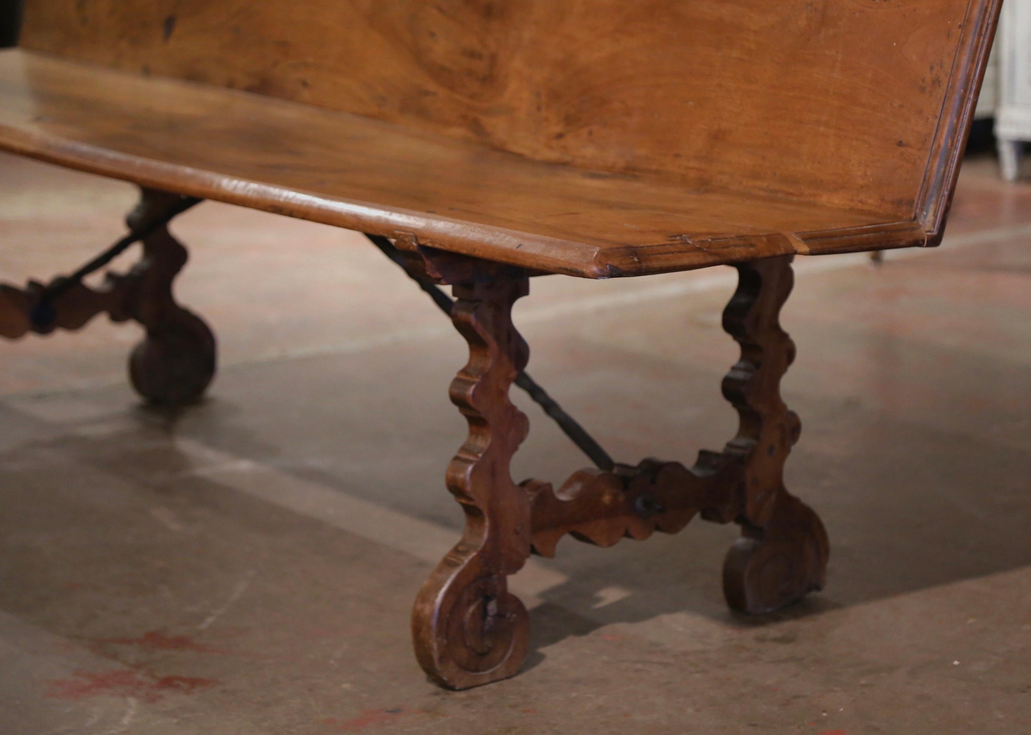 19th Century Spanish Baroque Carved Walnut Bench with Wrought Iron Stretcher 5