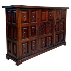 19th Century Spanish Baroque Carved Walnut Tuscan Three Doors Credenza or Buffet