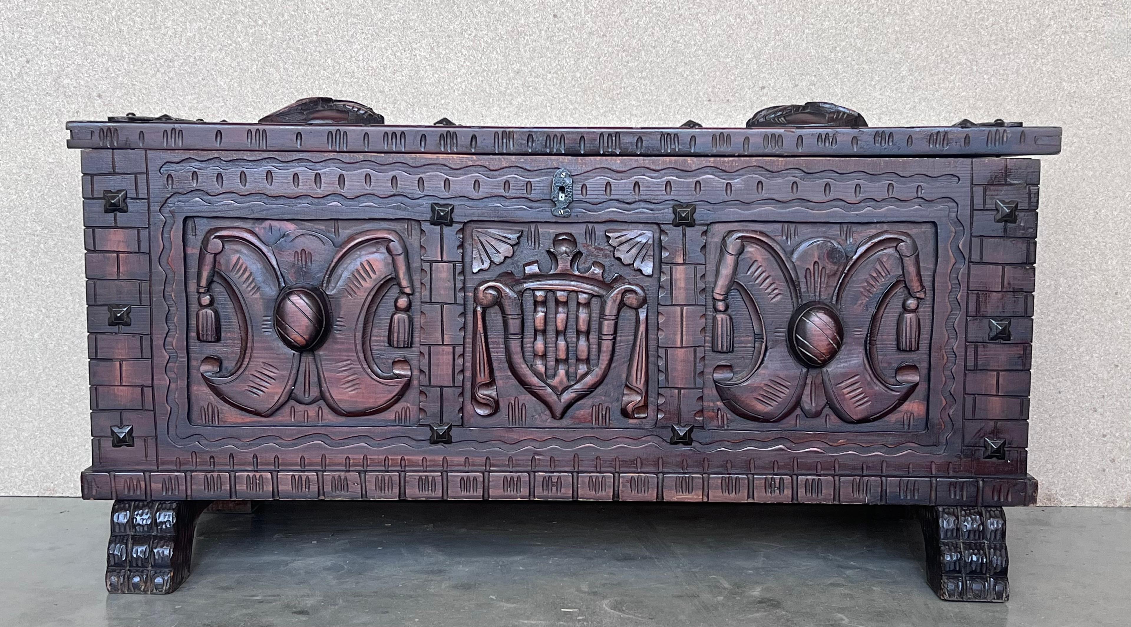 Renaissance 19th Century Spanish Baroque Hand Carved Chest Trunk with Iron Handles