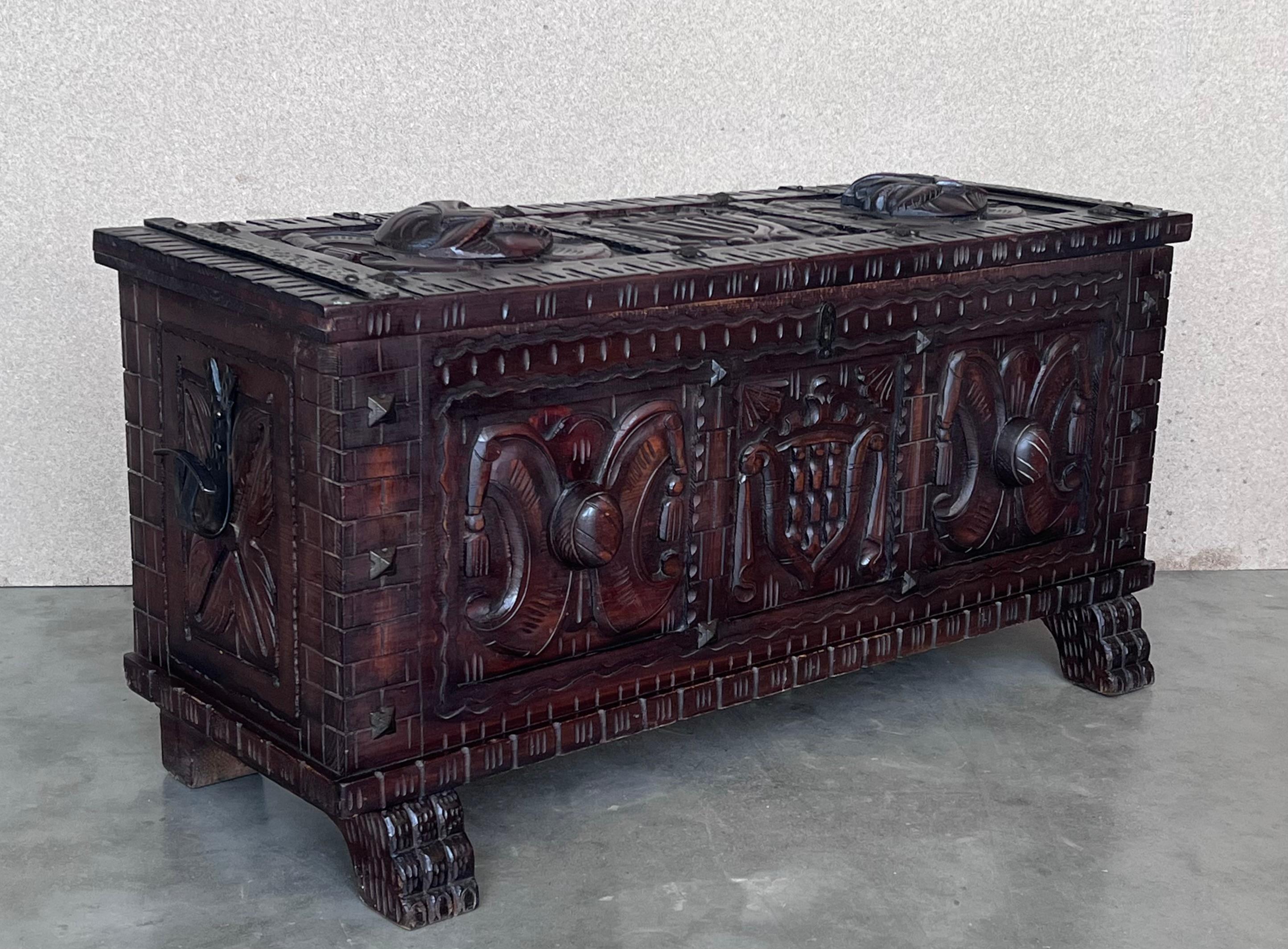 Late 19th Century 19th Century Spanish Baroque Hand Carved Chest Trunk with Iron Handles