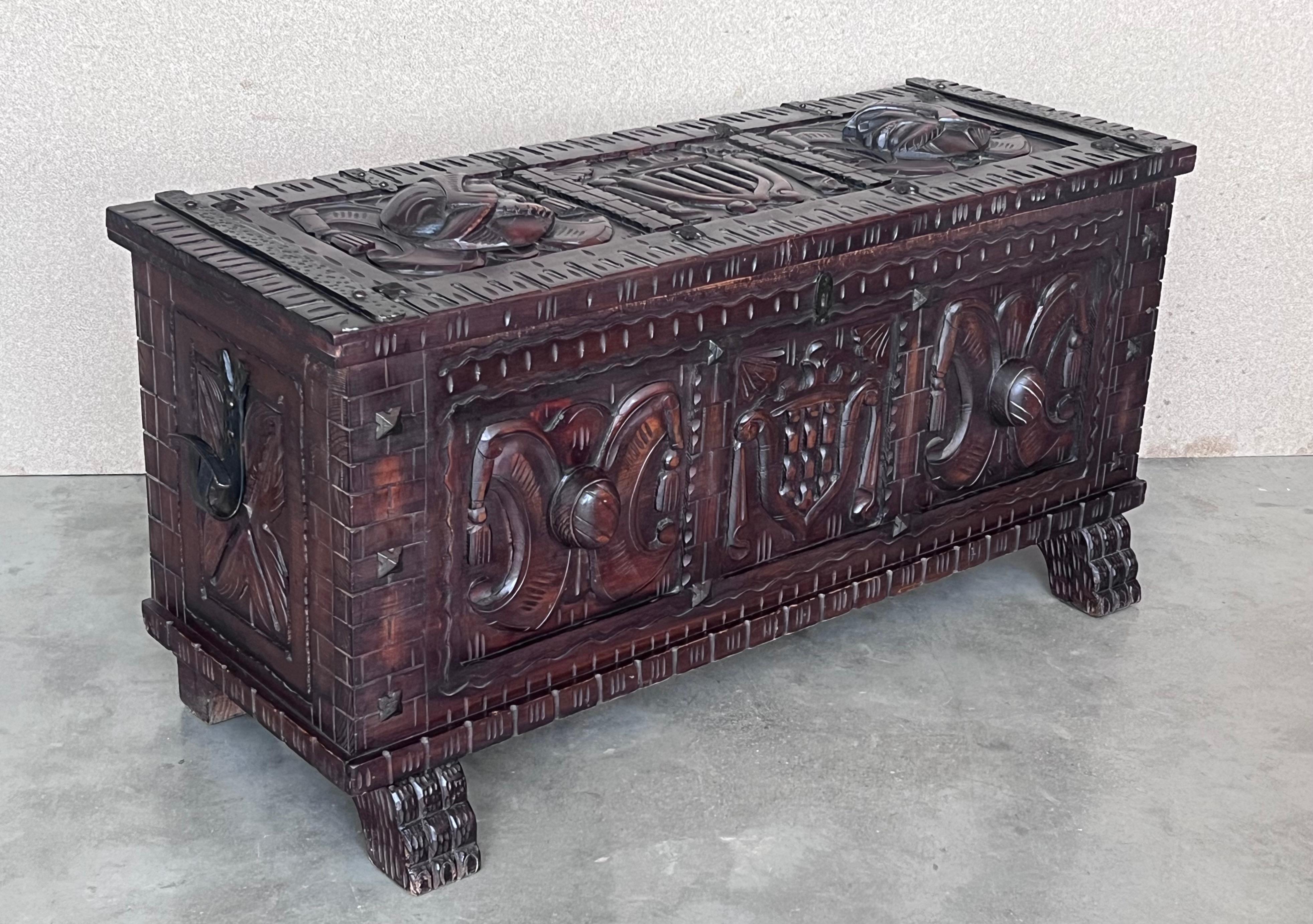 19th Century Spanish Baroque Hand Carved Chest Trunk with Iron Handles 1
