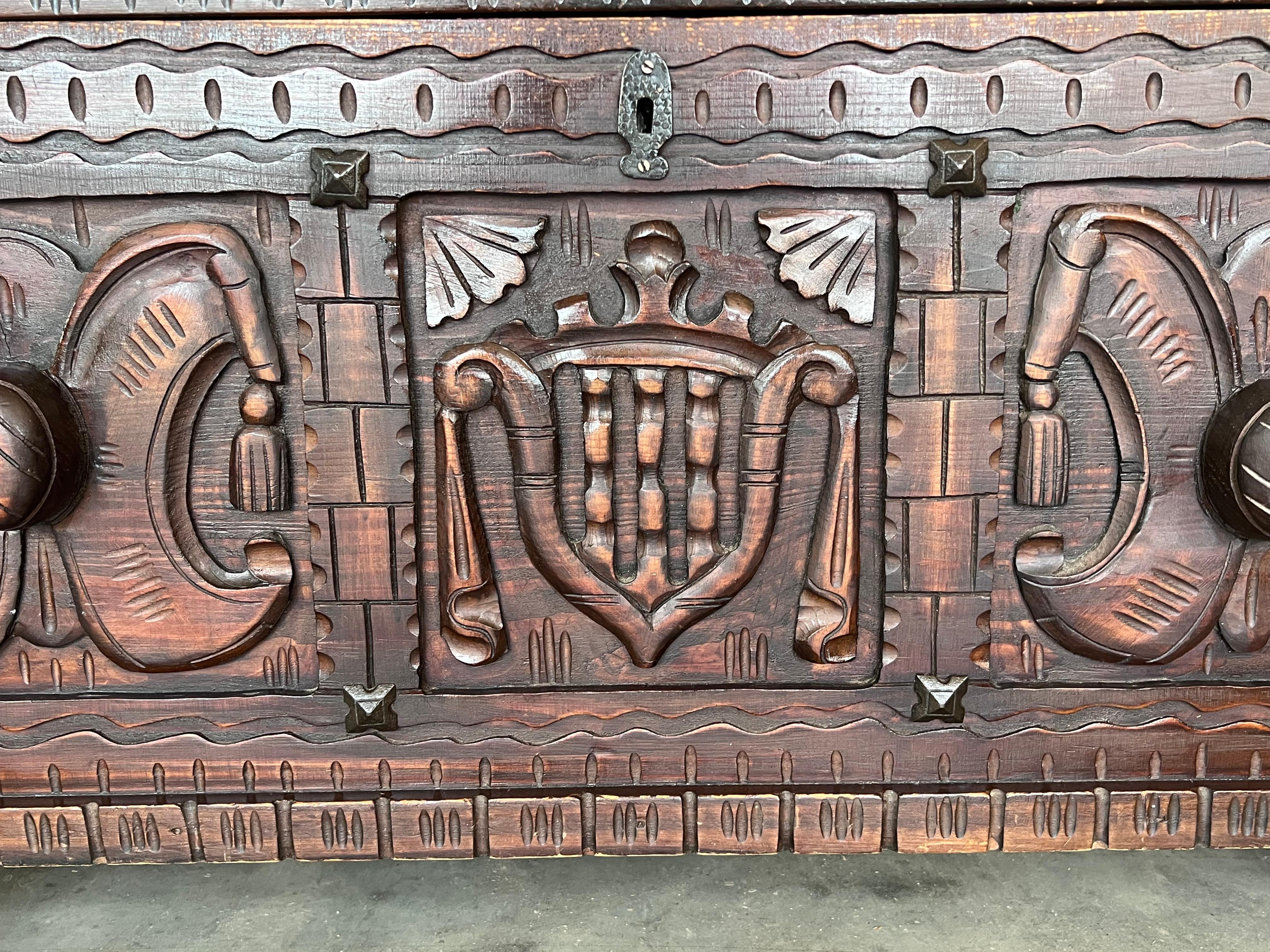 19th Century Spanish Baroque Hand Carved Chest Trunk with Iron Handles 3
