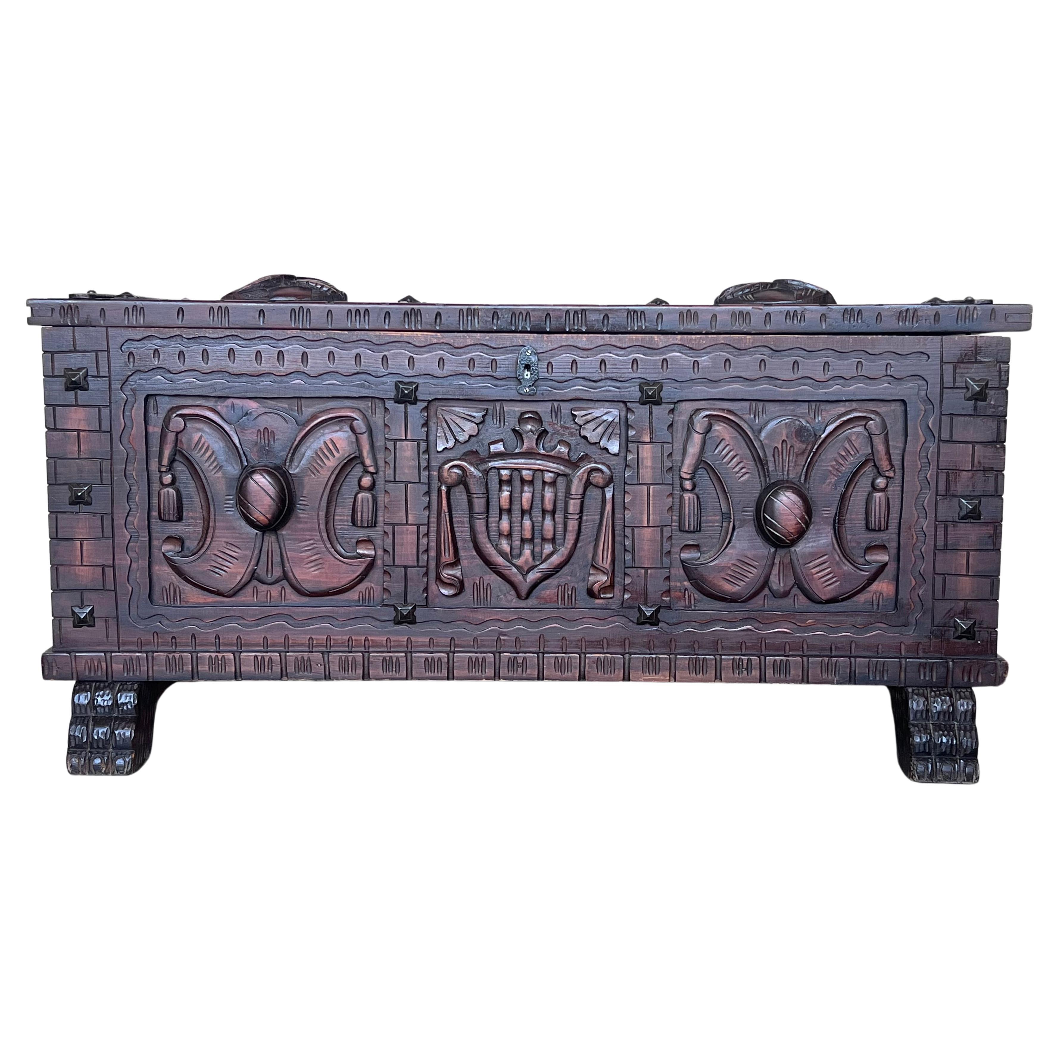 19th Century Spanish Baroque Hand Carved Chest Trunk with Iron Handles