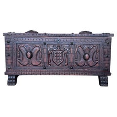 19th Century Spanish Baroque Hand Carved Chest Trunk with Iron Handles