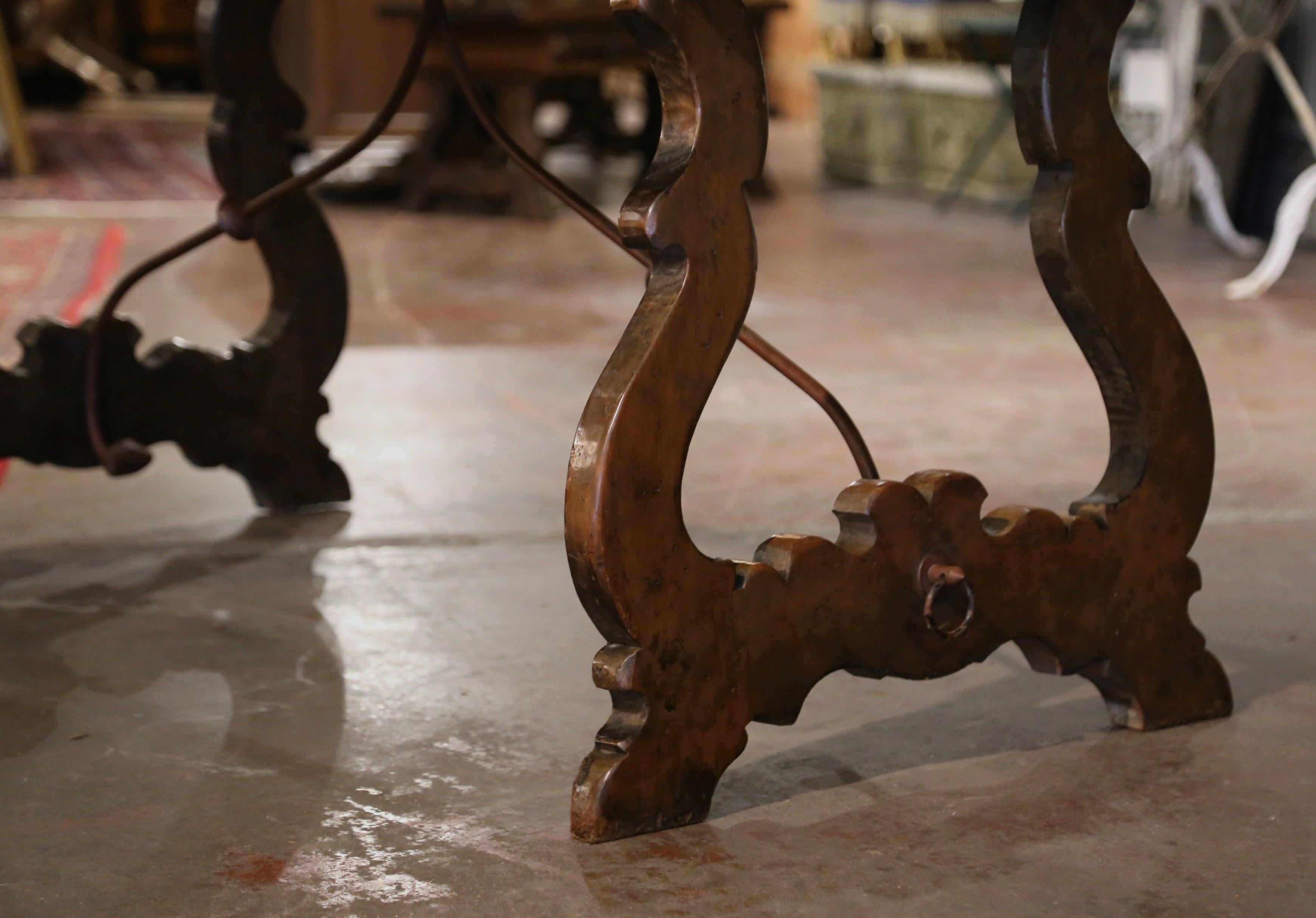 19th Century Spanish Baroque Iron Stretcher Carved Walnut Dining Trestle Table 5