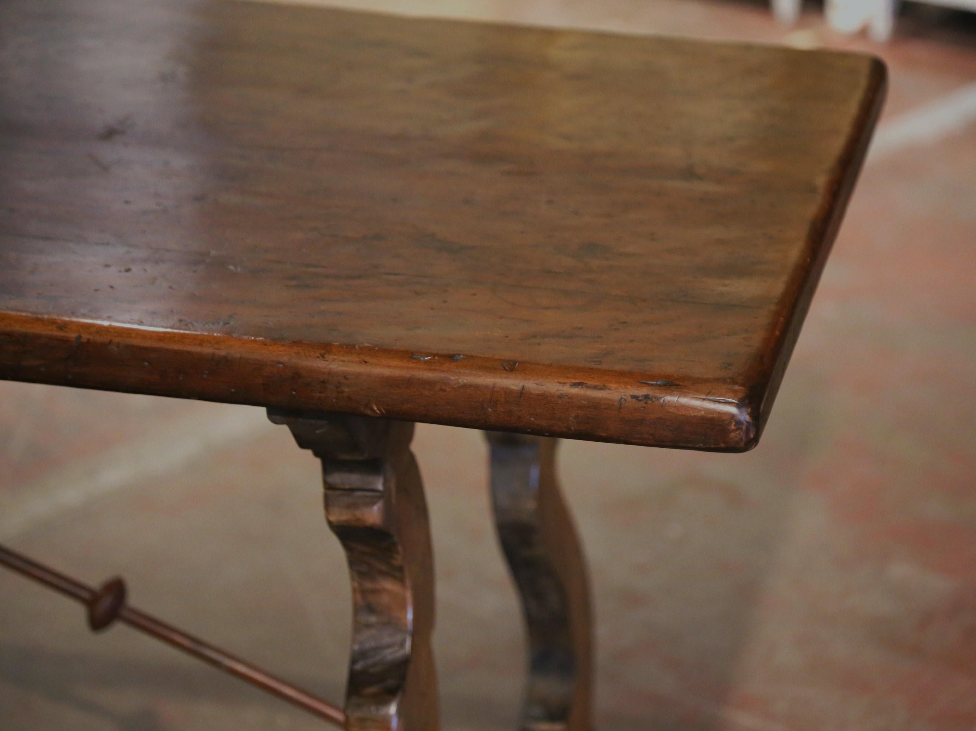 19th Century Spanish Baroque Iron Stretcher Carved Walnut Dining Trestle Table 7