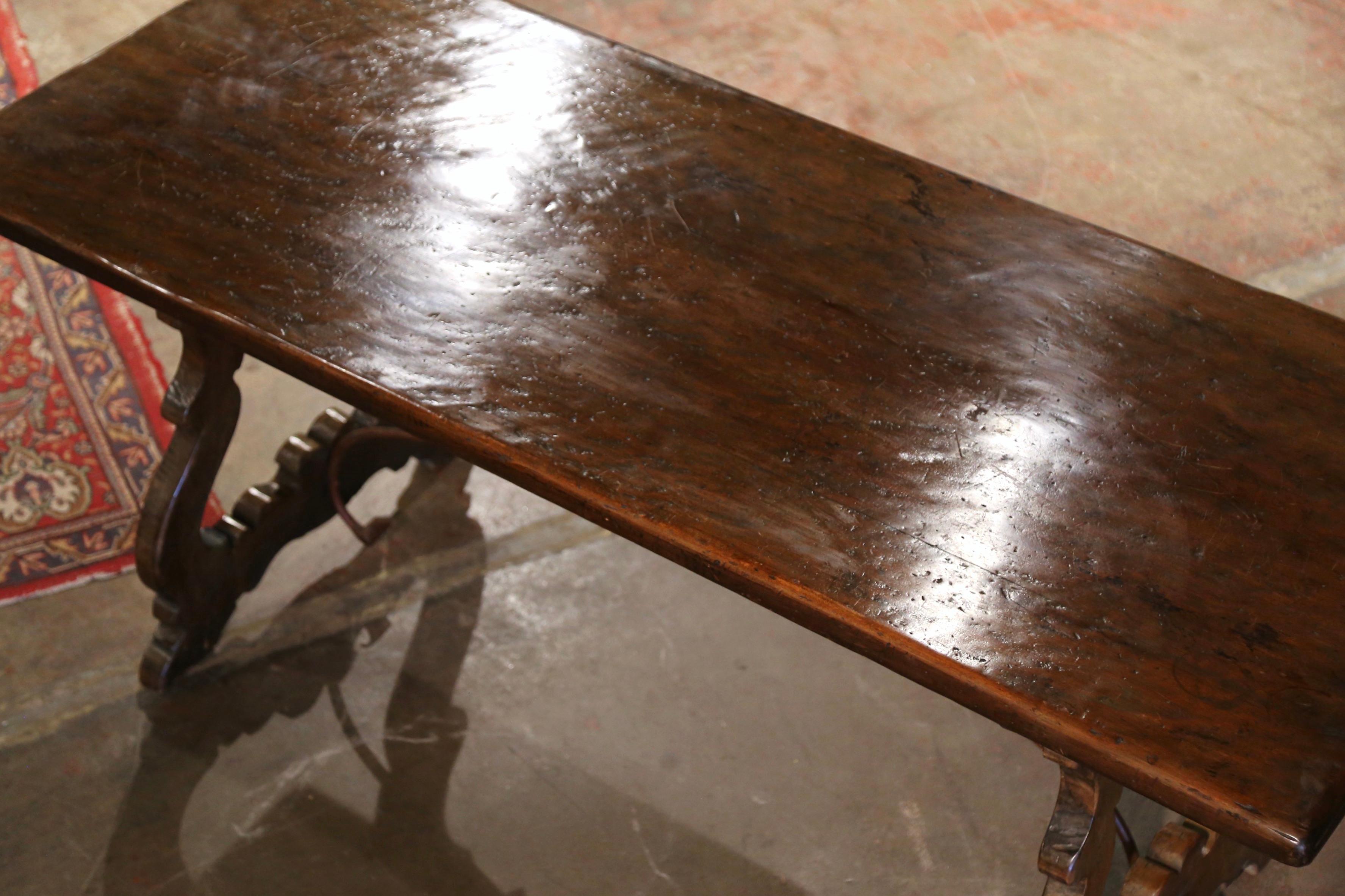 Hand-Carved 19th Century Spanish Baroque Iron Stretcher Carved Walnut Dining Trestle Table