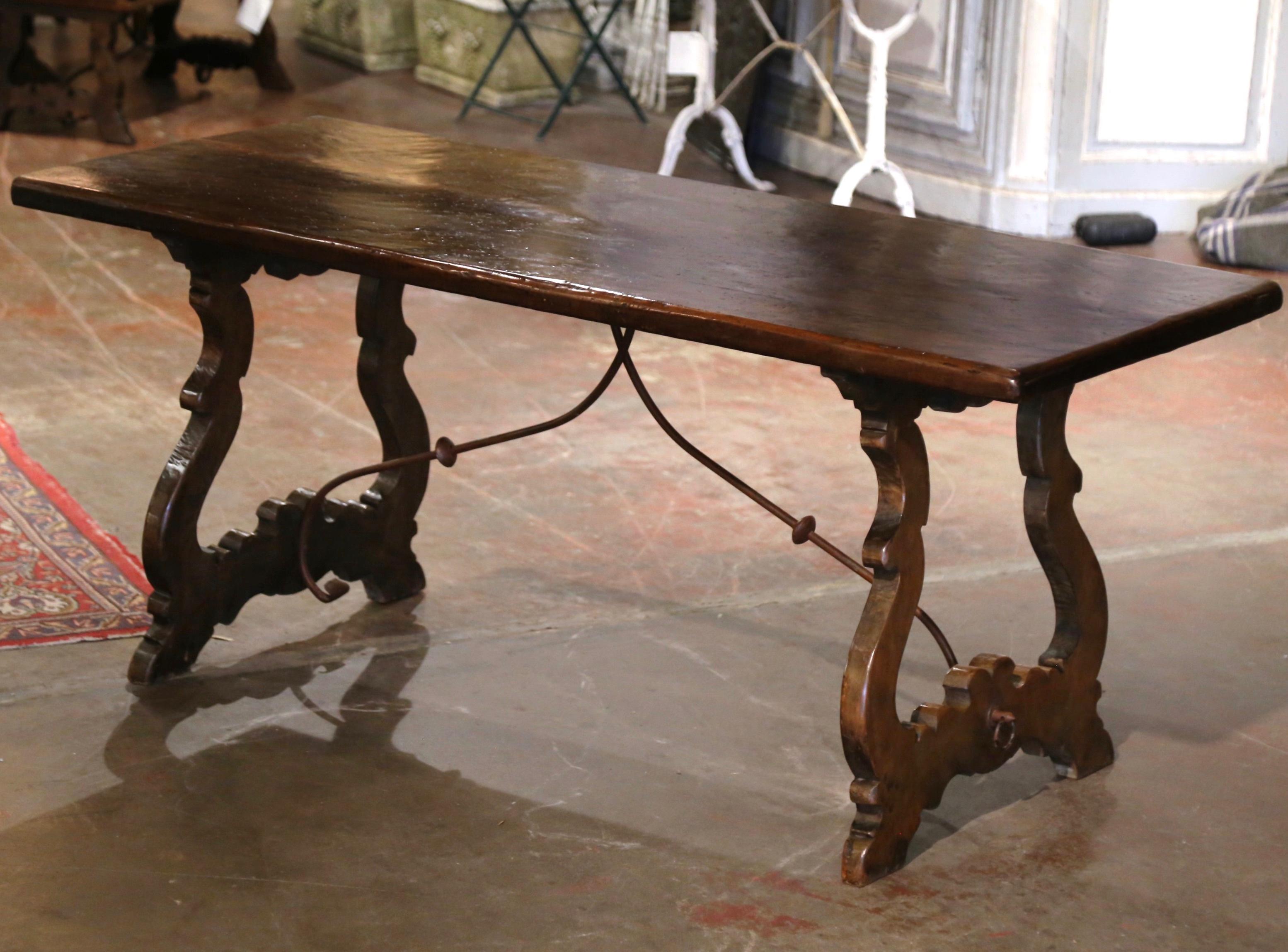 Wrought Iron 19th Century Spanish Baroque Iron Stretcher Carved Walnut Dining Trestle Table