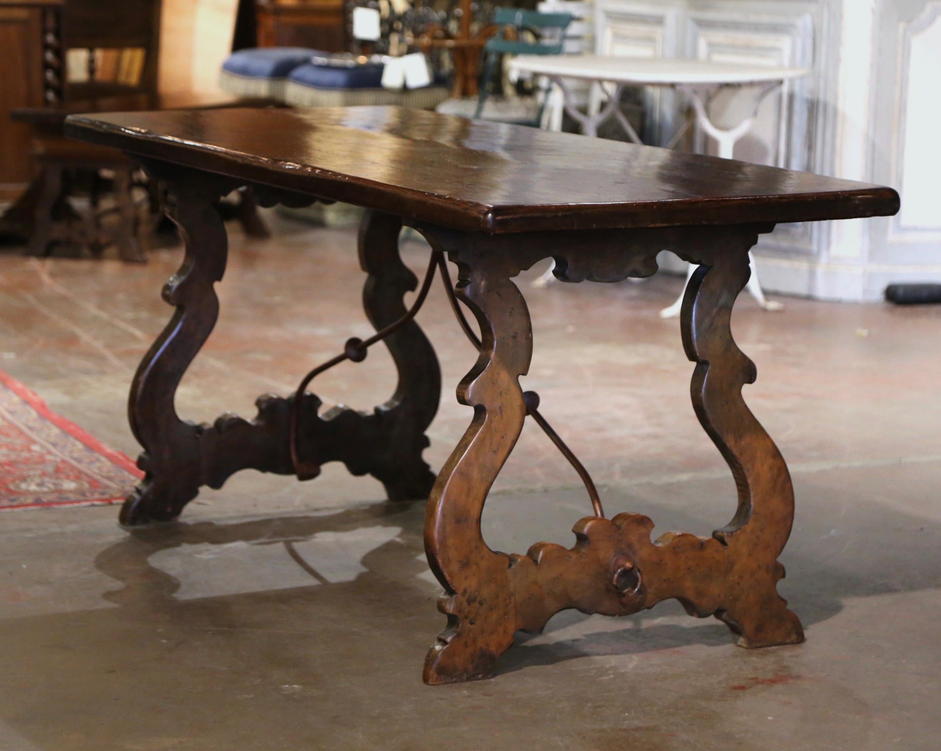 19th Century Spanish Baroque Iron Stretcher Carved Walnut Dining Trestle Table 3