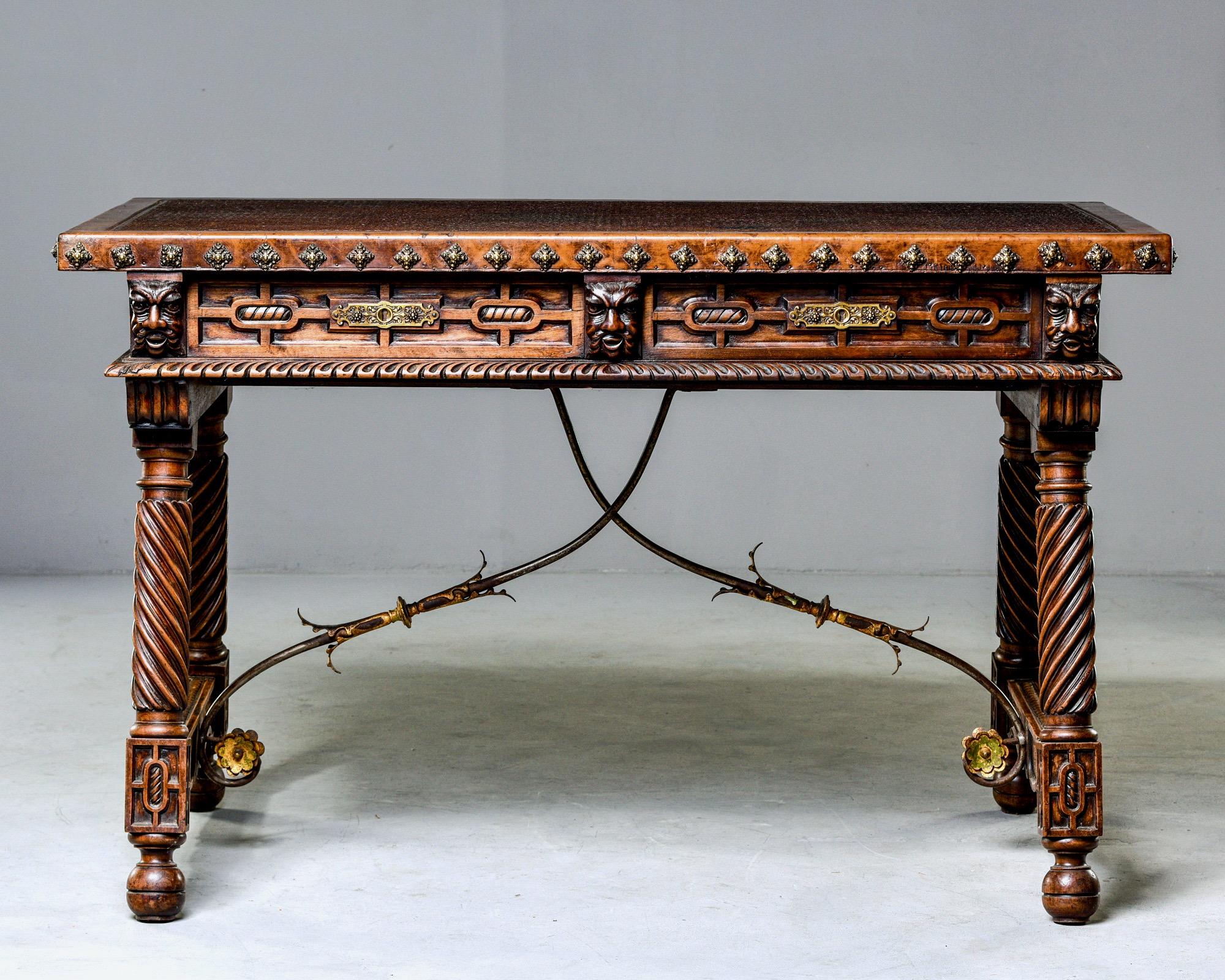 Hand-Carved 19th Century Spanish Baroque Leather Topped Writing or Library Table