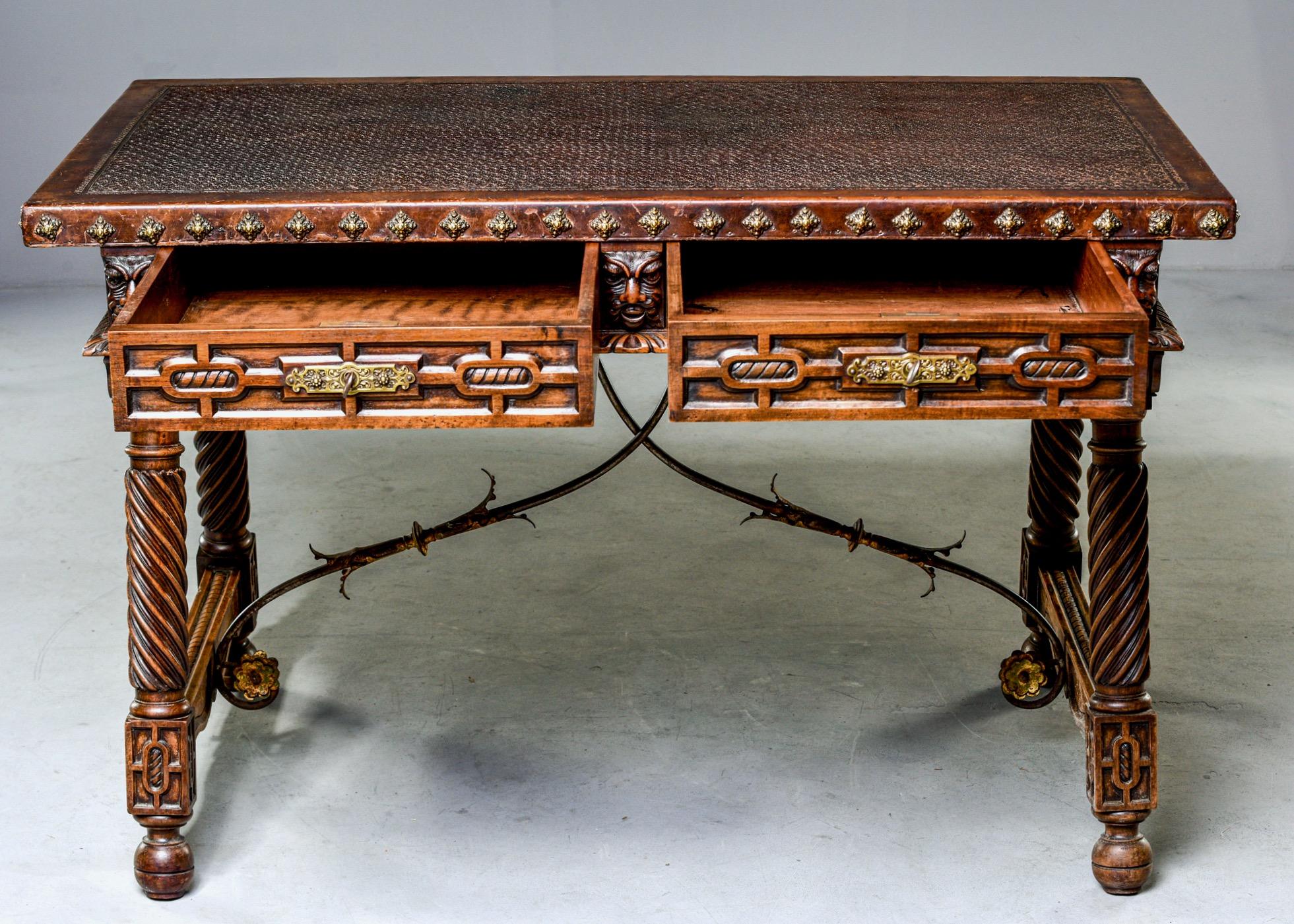 Iron 19th Century Spanish Baroque Leather Topped Writing or Library Table
