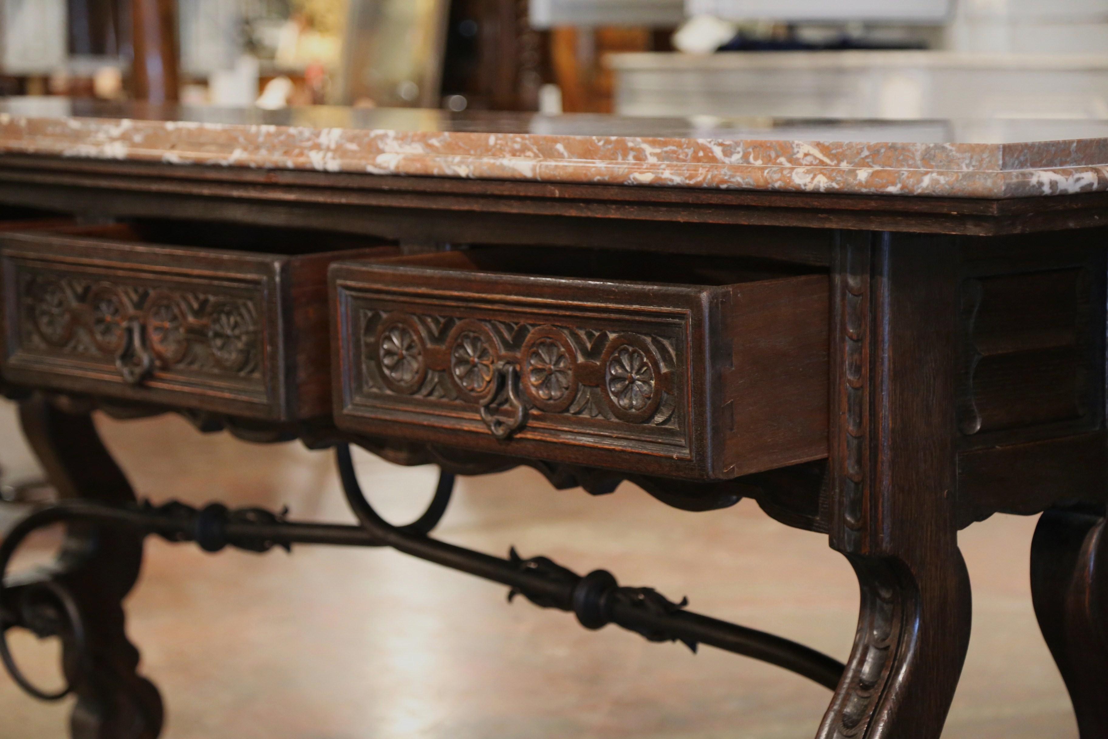 19th Century, Spanish Baroque Marble Top Carved Oak and Iron Console Table 5