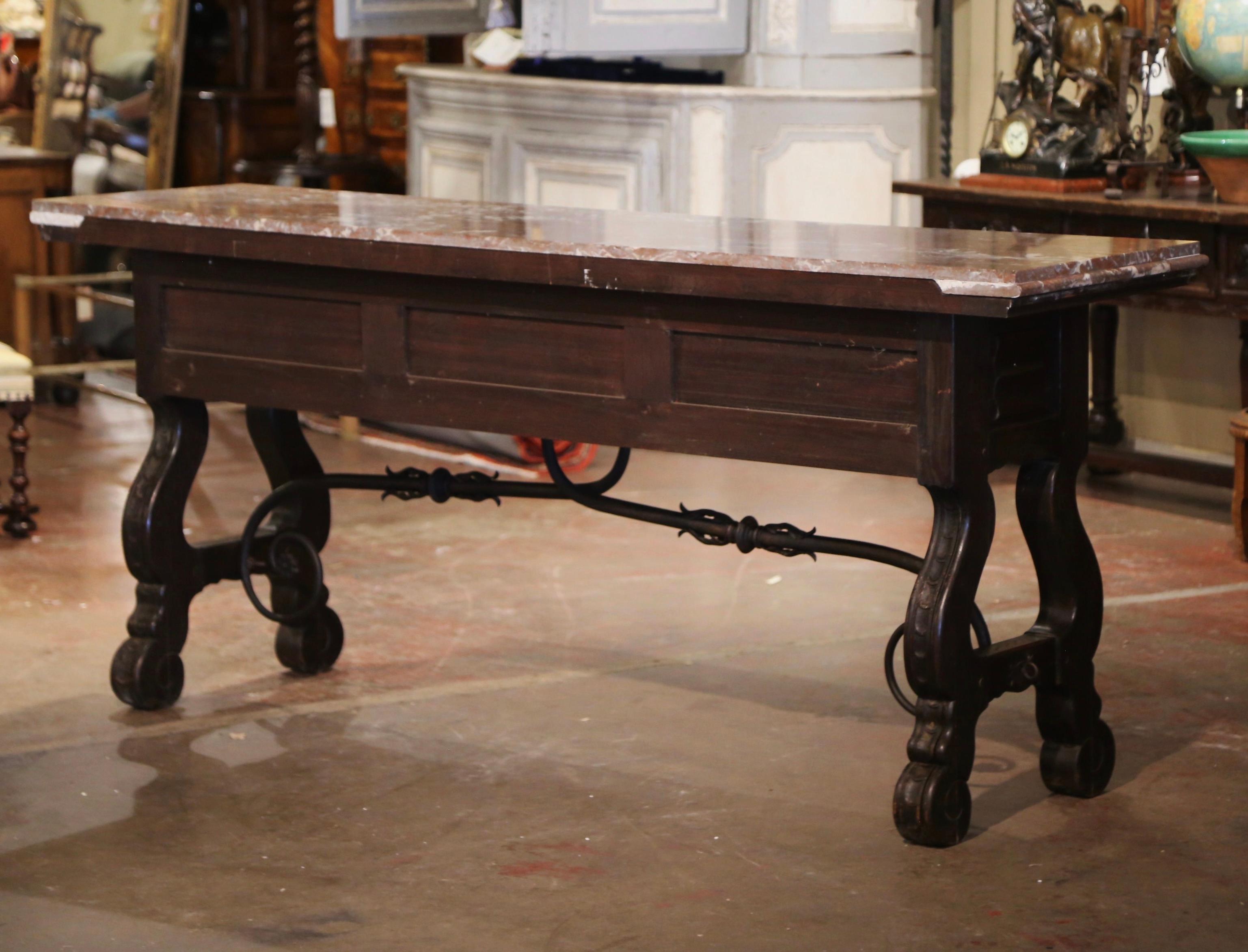 19th Century, Spanish Baroque Marble Top Carved Oak and Iron Console Table 6