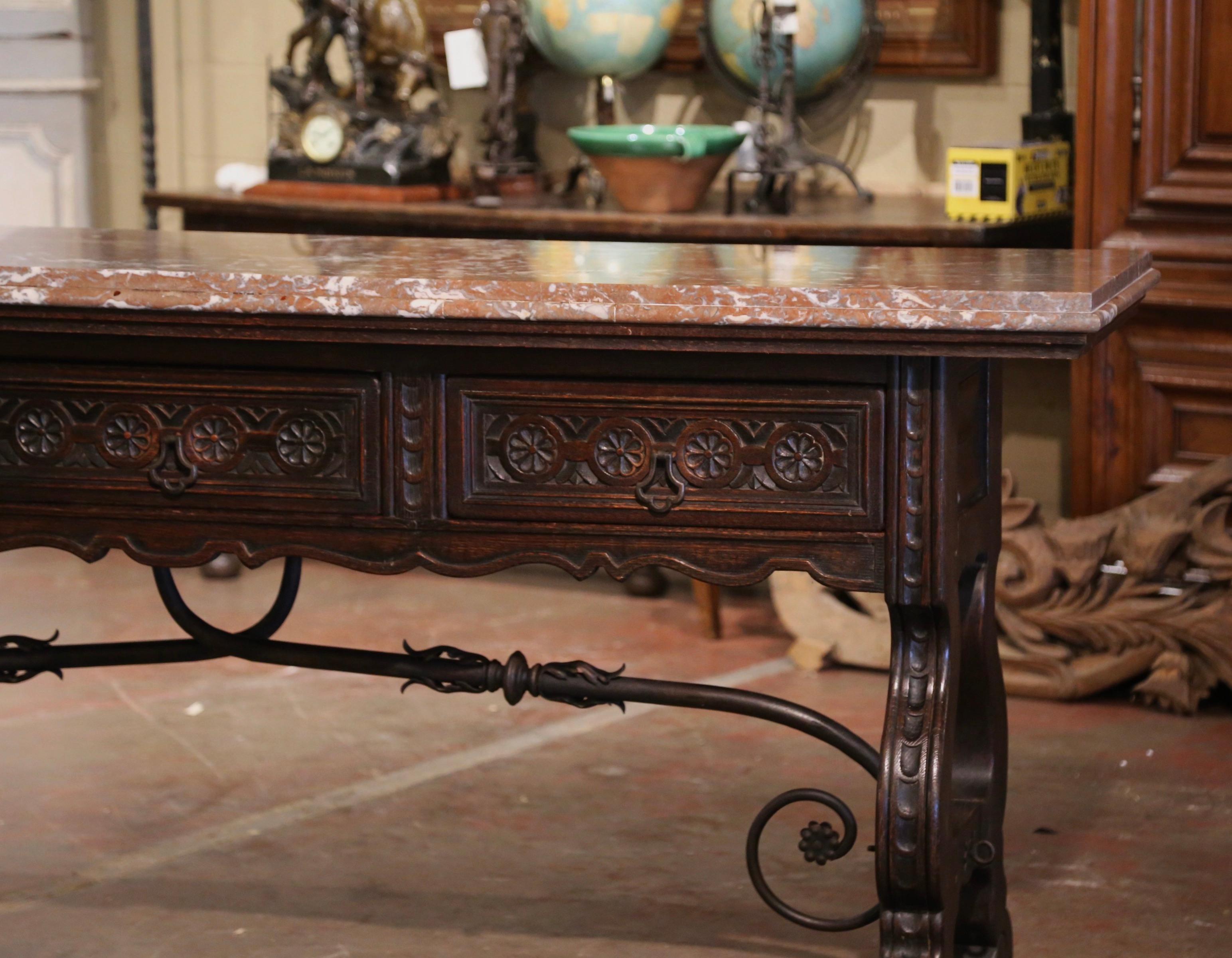 Hand-Carved 19th Century, Spanish Baroque Marble Top Carved Oak and Iron Console Table