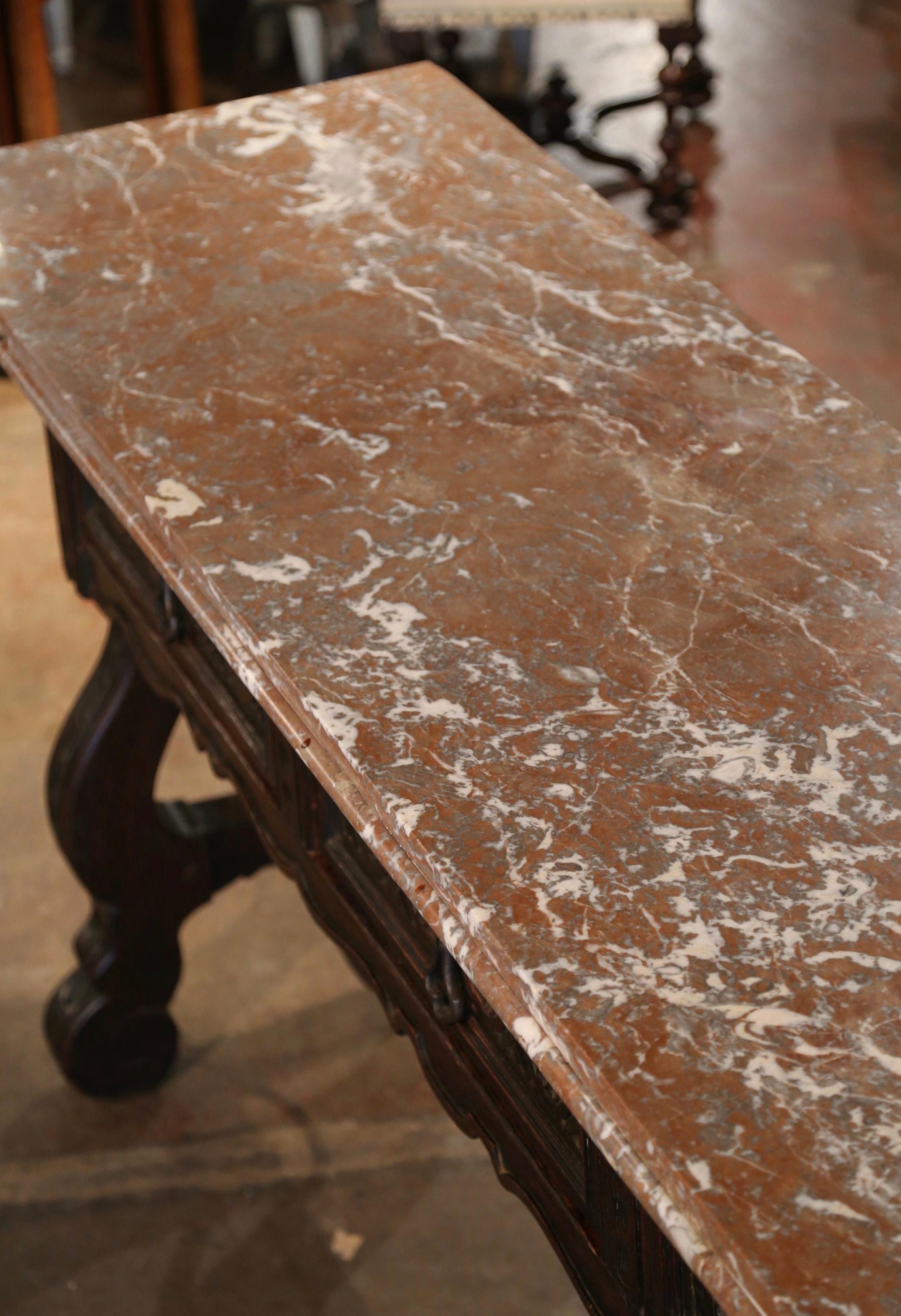19th Century, Spanish Baroque Marble Top Carved Oak and Iron Console Table In Excellent Condition In Dallas, TX