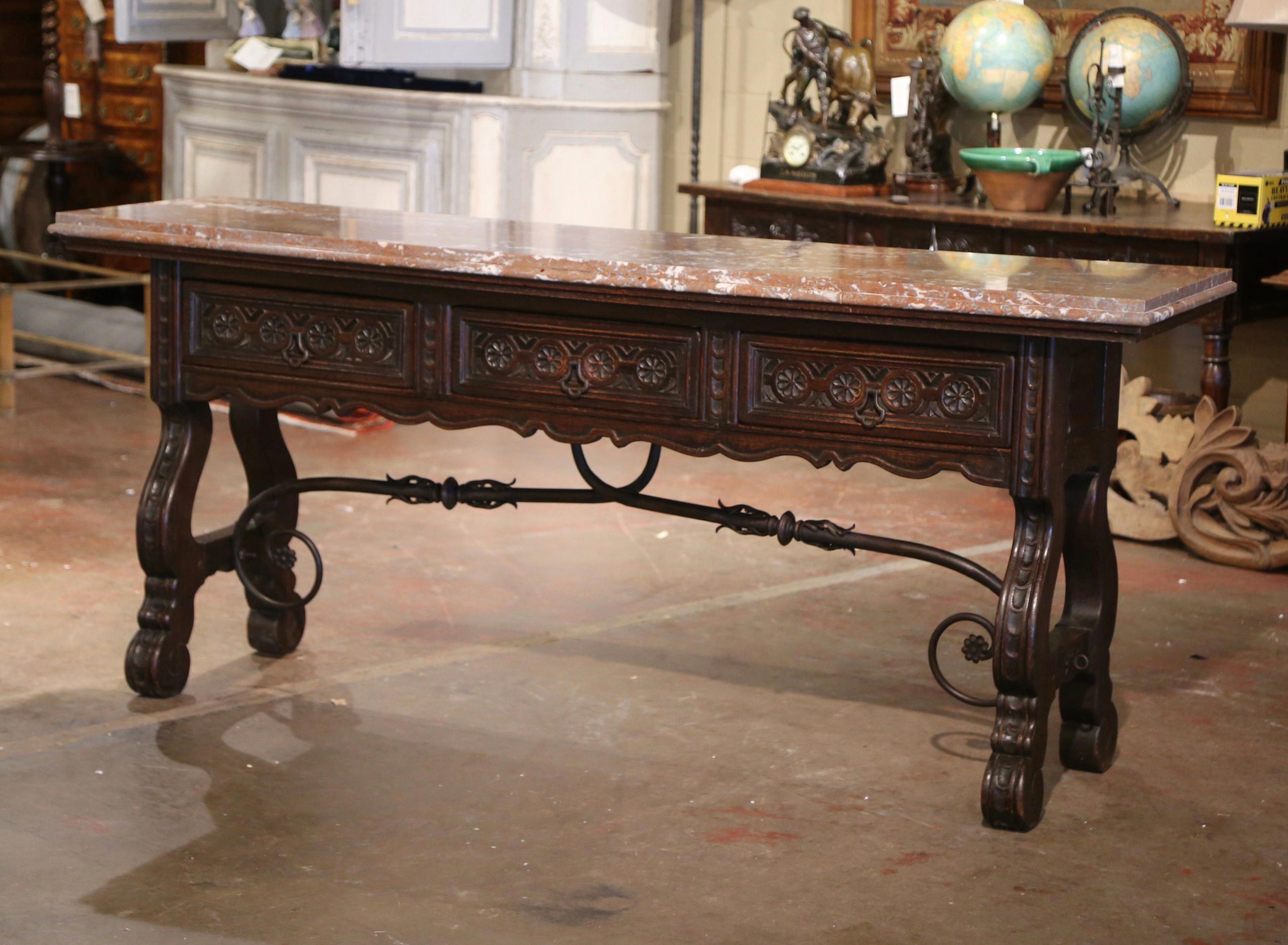 Wrought Iron 19th Century, Spanish Baroque Marble Top Carved Oak and Iron Console Table
