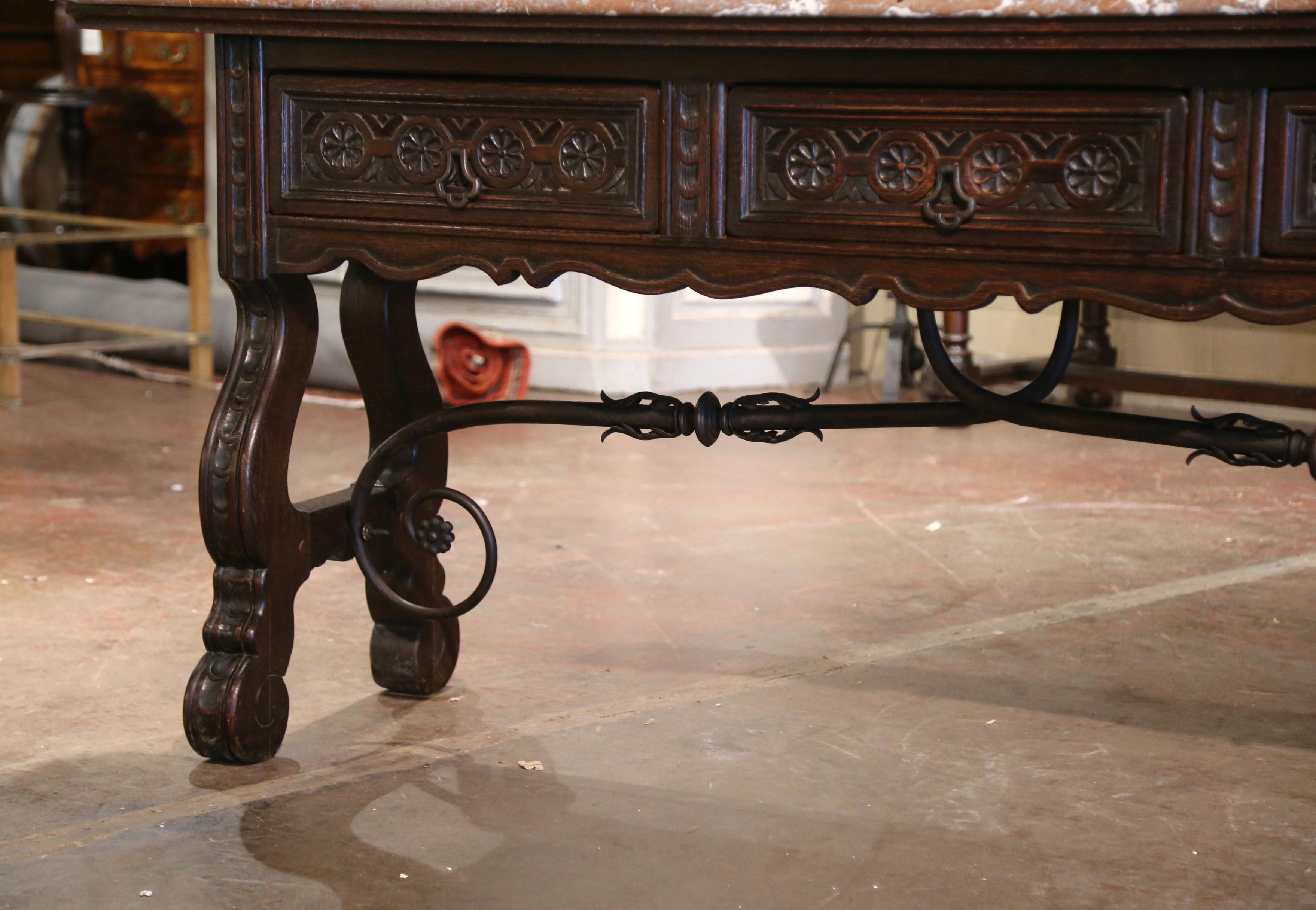 19th Century, Spanish Baroque Marble Top Carved Oak and Iron Console Table 1
