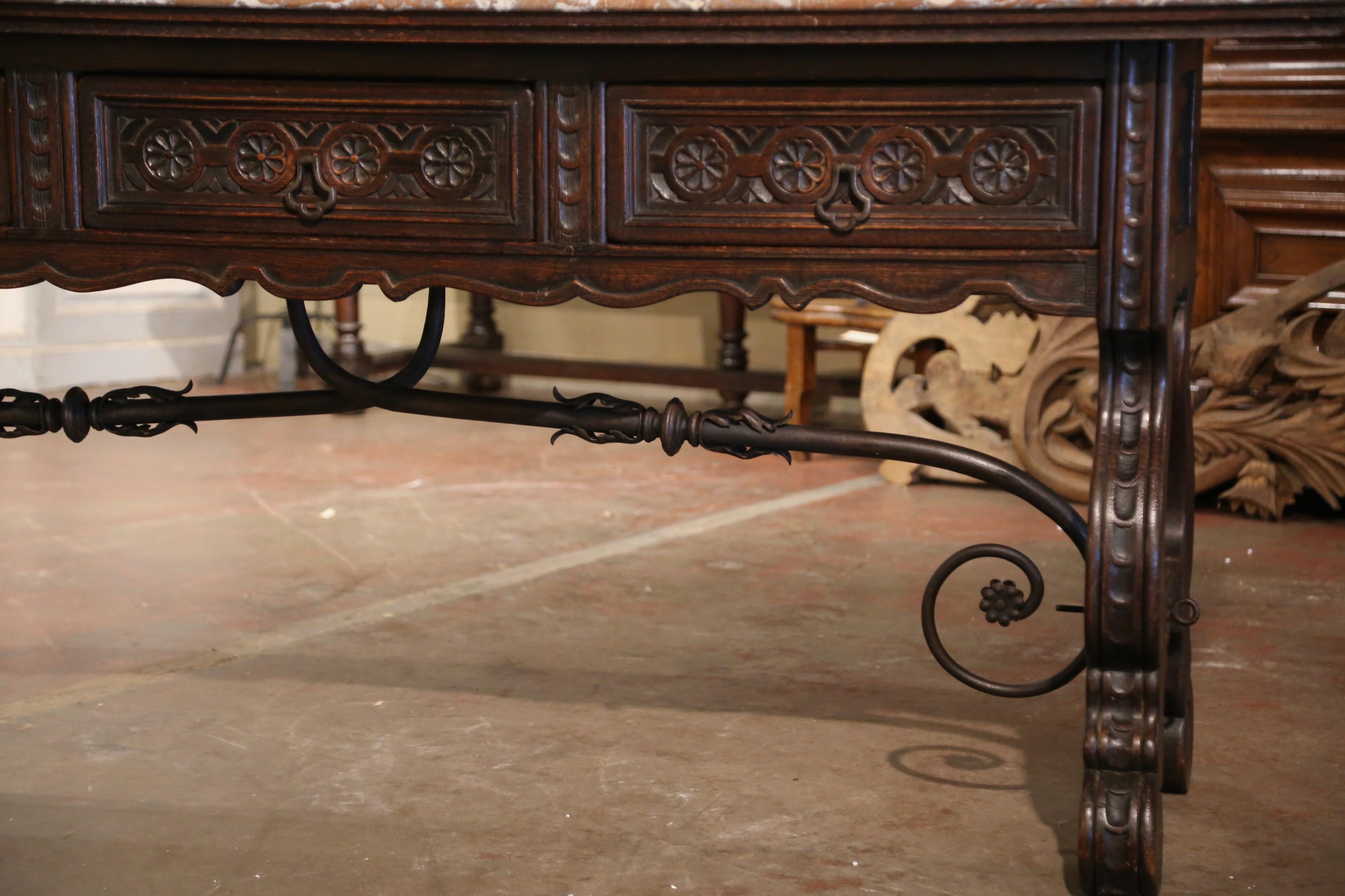 19th Century, Spanish Baroque Marble Top Carved Oak and Iron Console Table 2