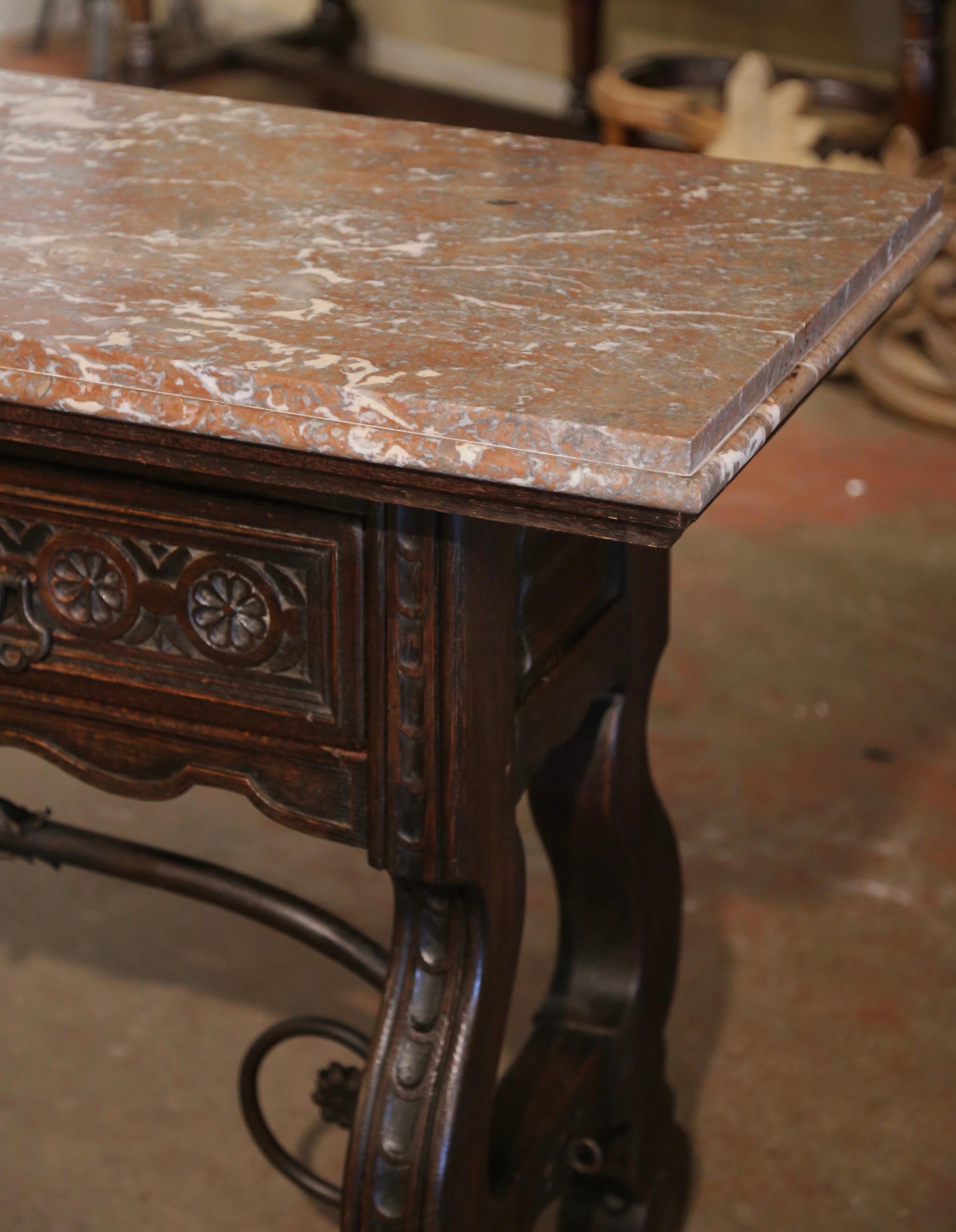 19th Century, Spanish Baroque Marble Top Carved Oak and Iron Console Table 3