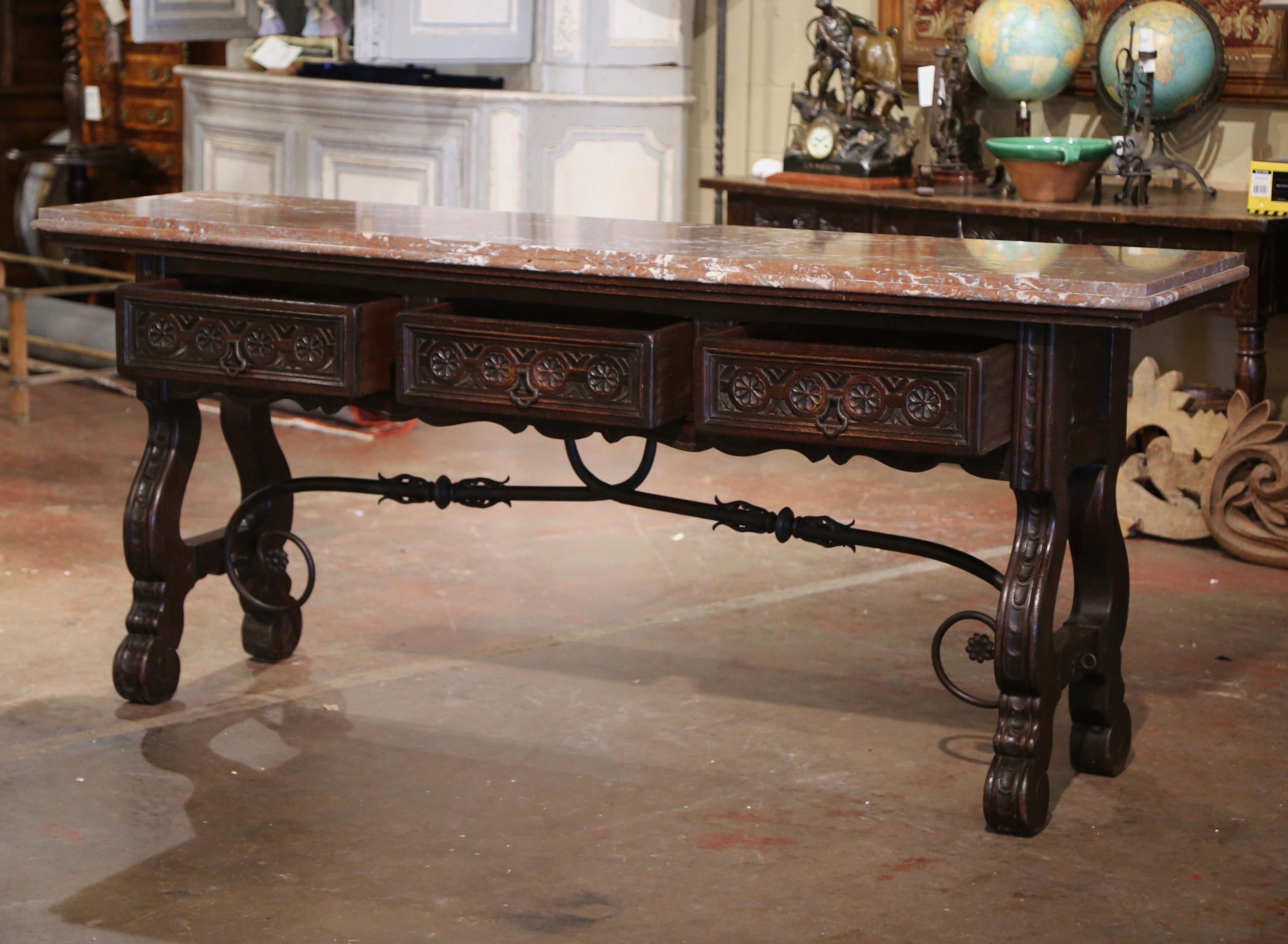 19th Century, Spanish Baroque Marble Top Carved Oak and Iron Console Table 4